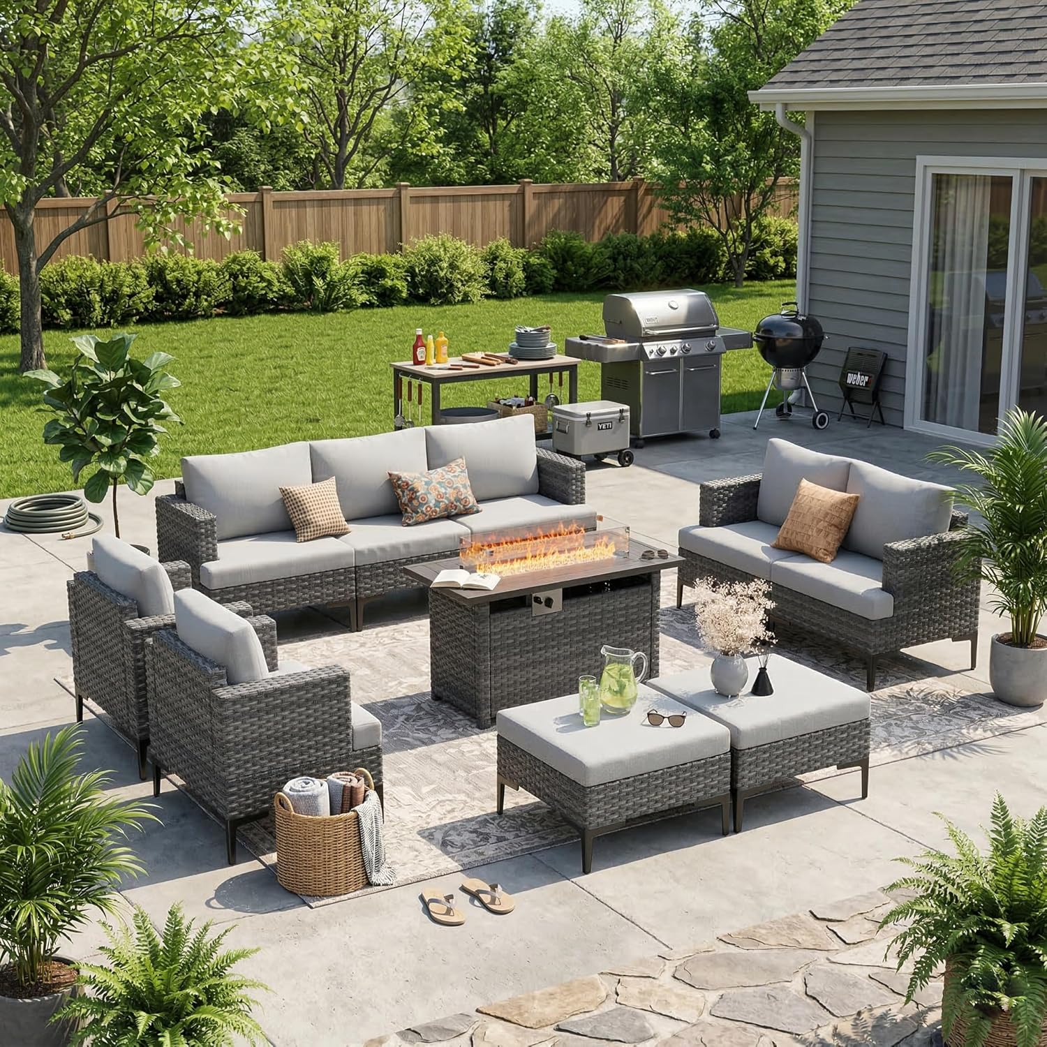 10 Piece Luxury Patio Furniture Set with 44" Fire Pit Table All Weather Outdoor Sectional with Thick Cushions Wicker Patio Conversation Set for Heavy People Backyard, Deck, Garden