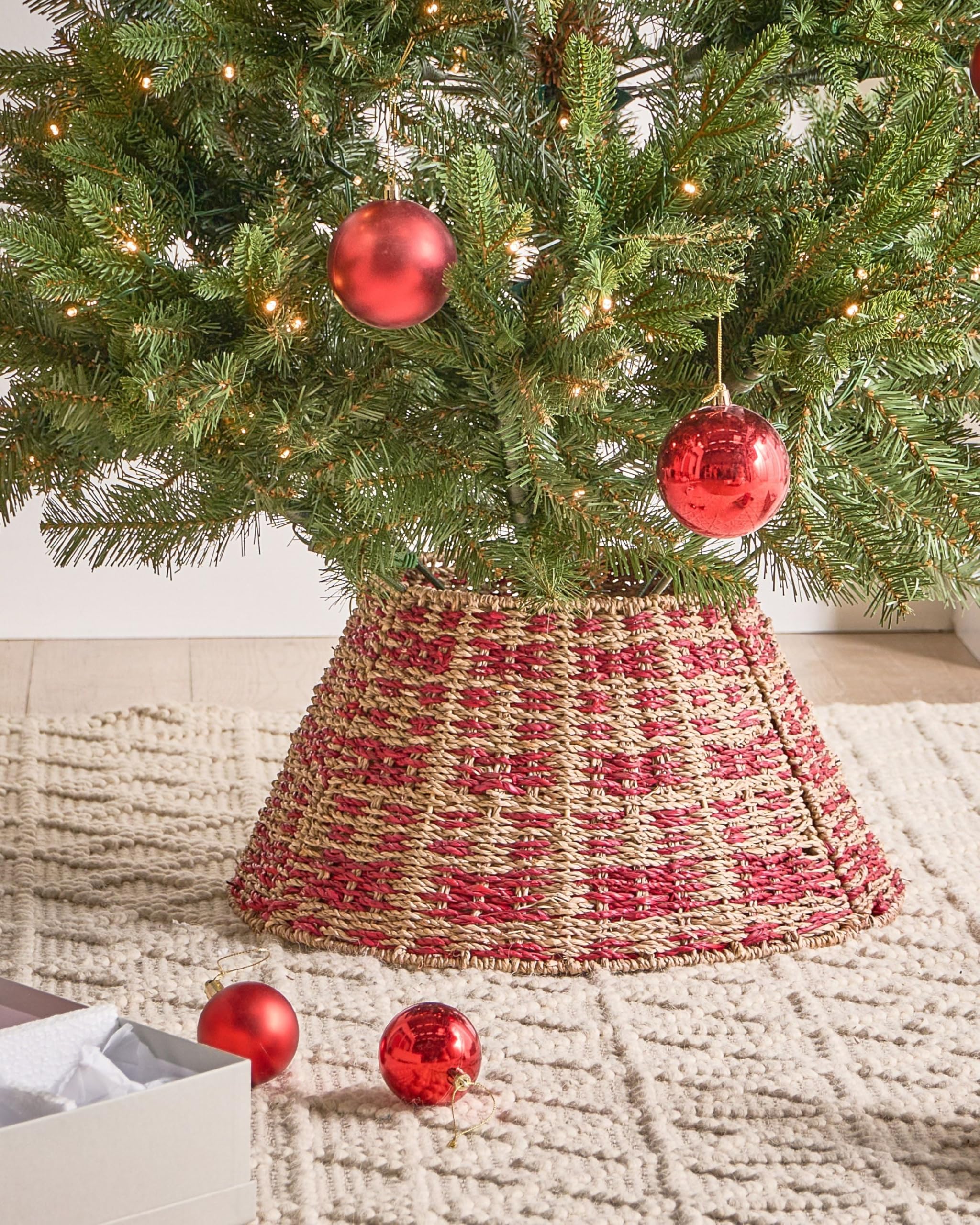Jupe de Sapin de Noël en Algues Marines ⌀ 42 cm Rond Fait Main Naturel et Rouge Neige