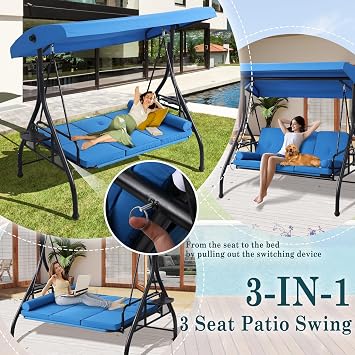 Patio 3 Seat Outdoor Porch Swing, Outdoor 2-in-1 Swings Glider Chair | Outside Swing Bench for Adults with Adjustable Canopy & Pillows for Backyard, Garden, Yard, Poolside, Balcony, Blue
