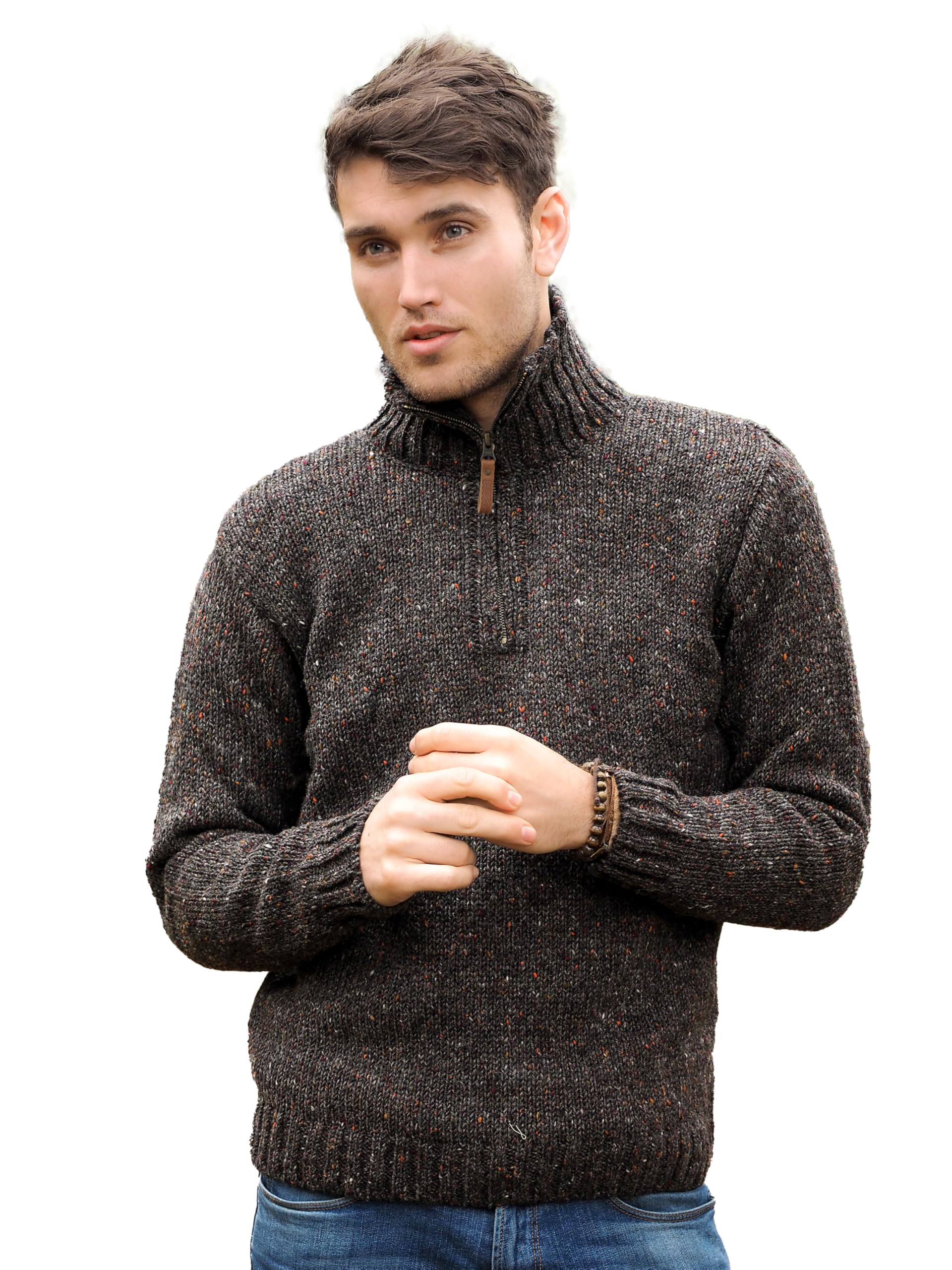 Aran Crafts Men's Irish Cable Knitted Half Zip Sweater