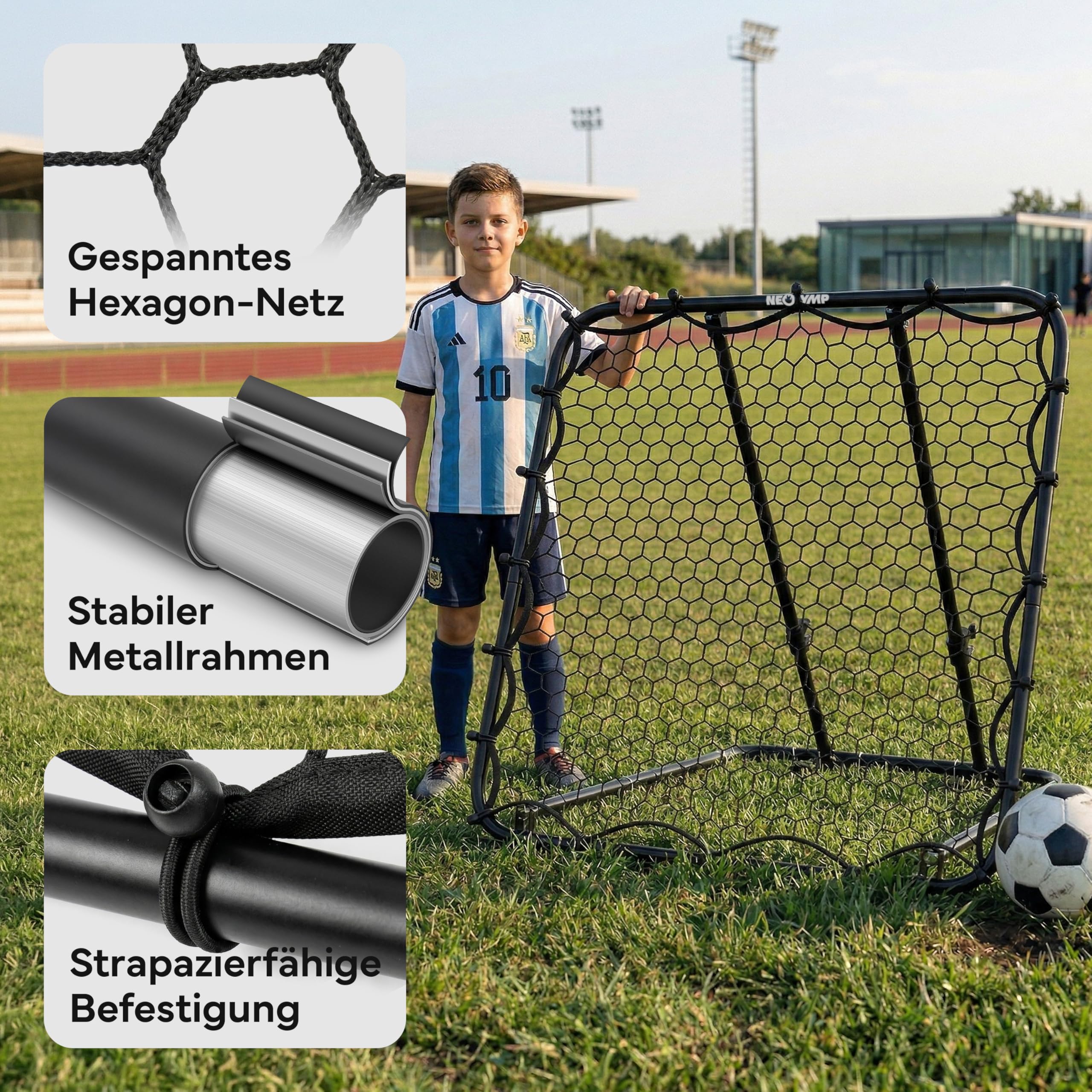 NEOLYMP Rebounder für Fußball – Stufenlos verstellbar für intensives Training, robuster Metallrahmen – Ideal für Kinder, Jugendliche & Vereine – Fußball Trainingszubehör für drinnen und draußen