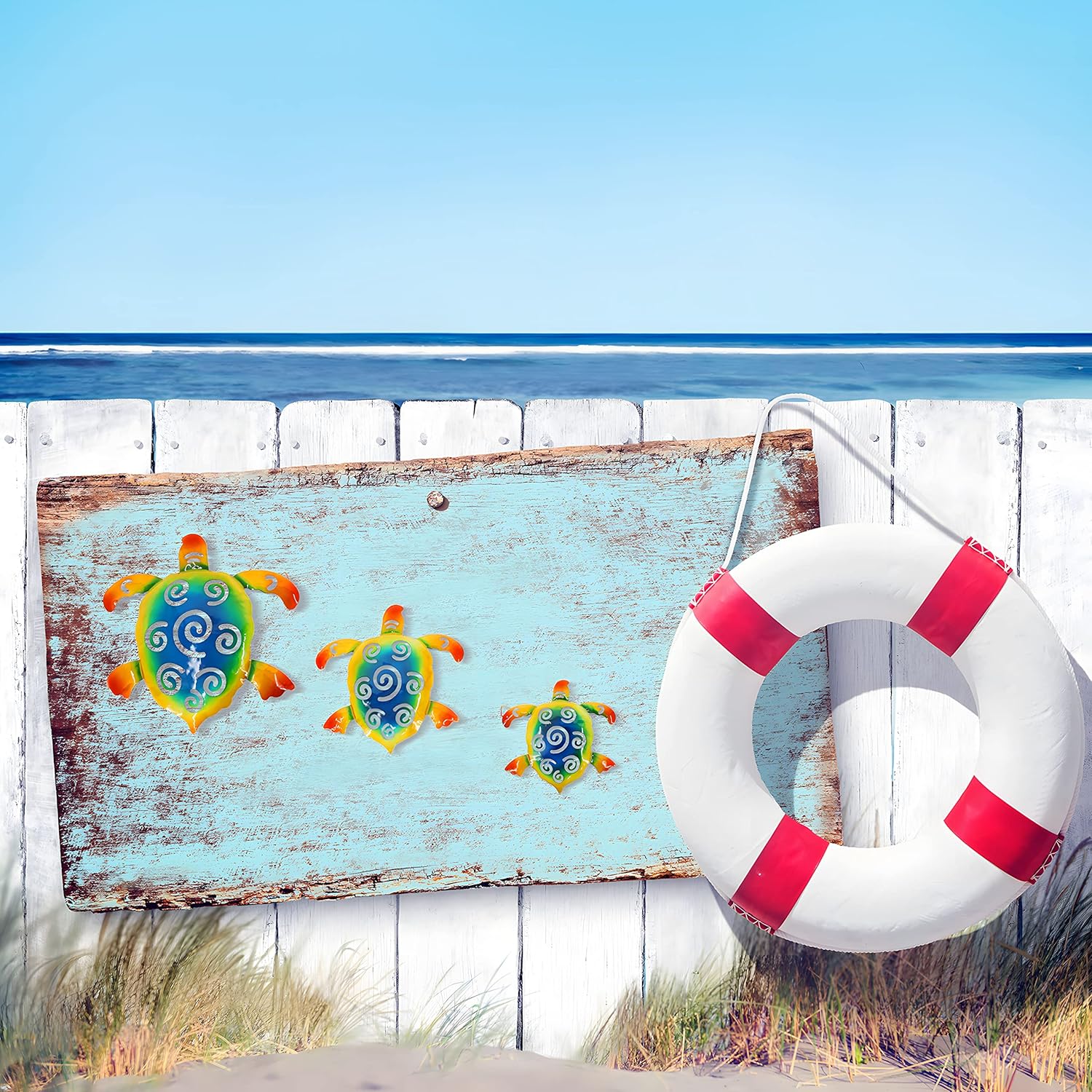 HOMOKUS Sea Turtle Wall Decor, 3 Pcs Metal Turtle Wall Art Turtle Wall Decor, Sea Turtle Decor Hanging Beach Wall Decor Beach Decorations for Home, Bathroom, Outdoor, Indoor