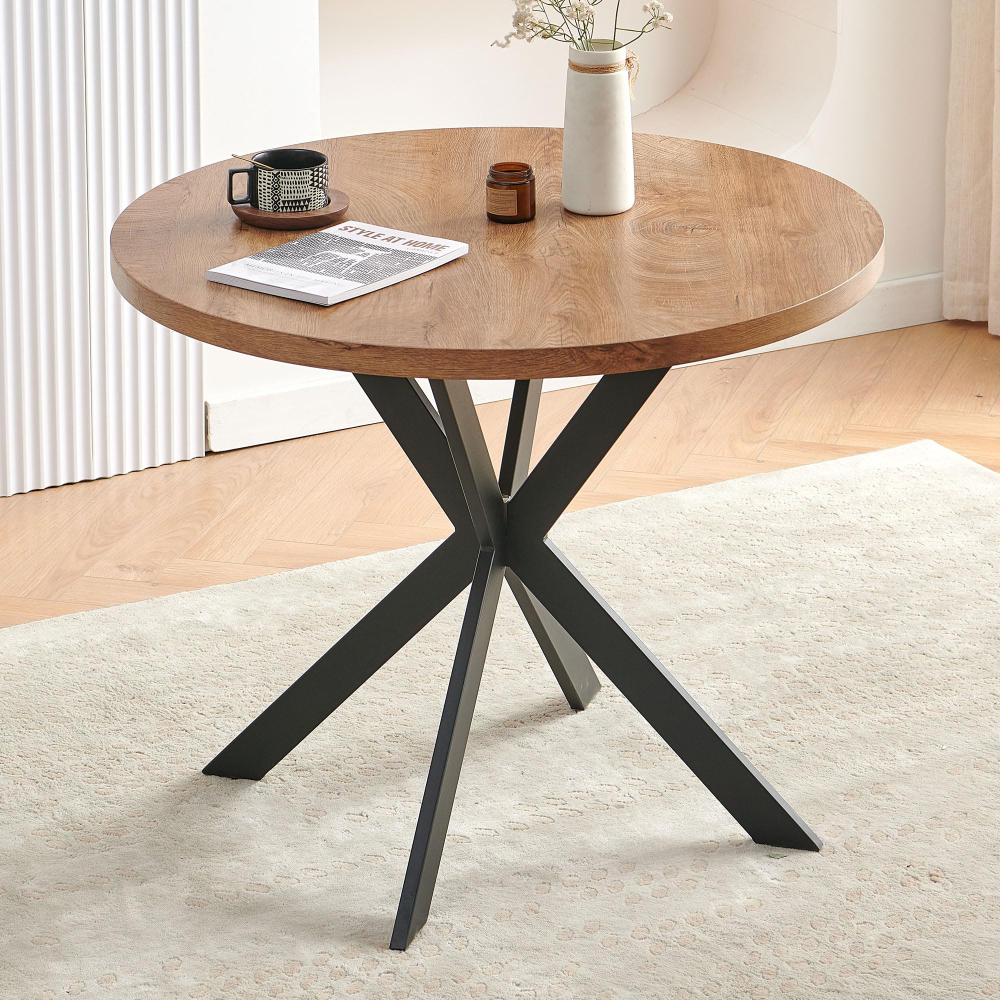 NORDICANA Round Kitchen Dining Table for 2-4 People, 95cm Round Dining Table, with Cross Steel Legs, Farmhouse Style, MDF Wood Grain Tabletop, for Dining Room, Kitchen, Living Room