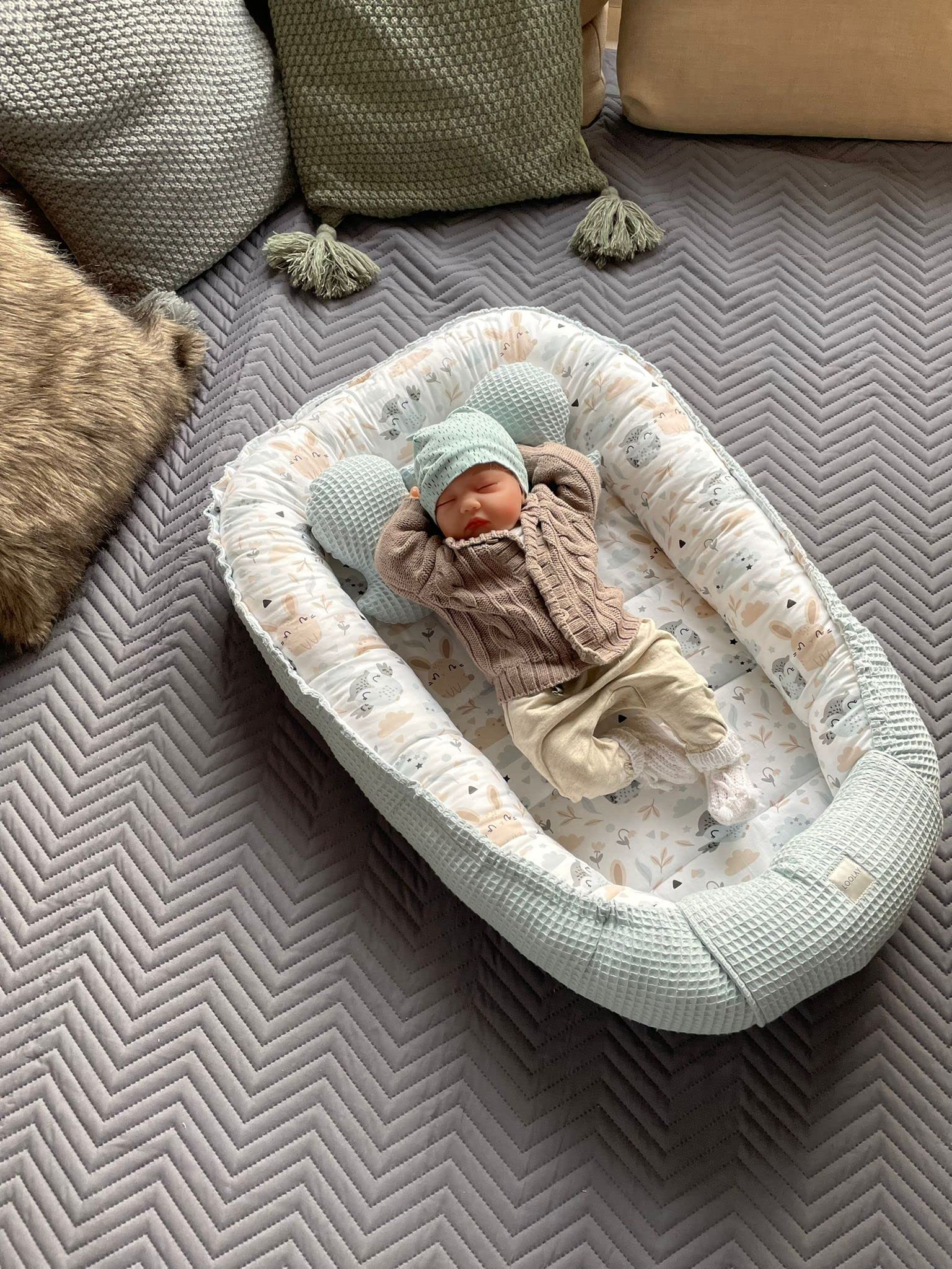 Paracolpi a nido d'ape e coniglietto beige e bianco per neonati, per neonati, lettino da viaggio, paracolpi solo/o, in set regalo premium (paracolpi + materasso (fondo di ricambio) + farfalla)
