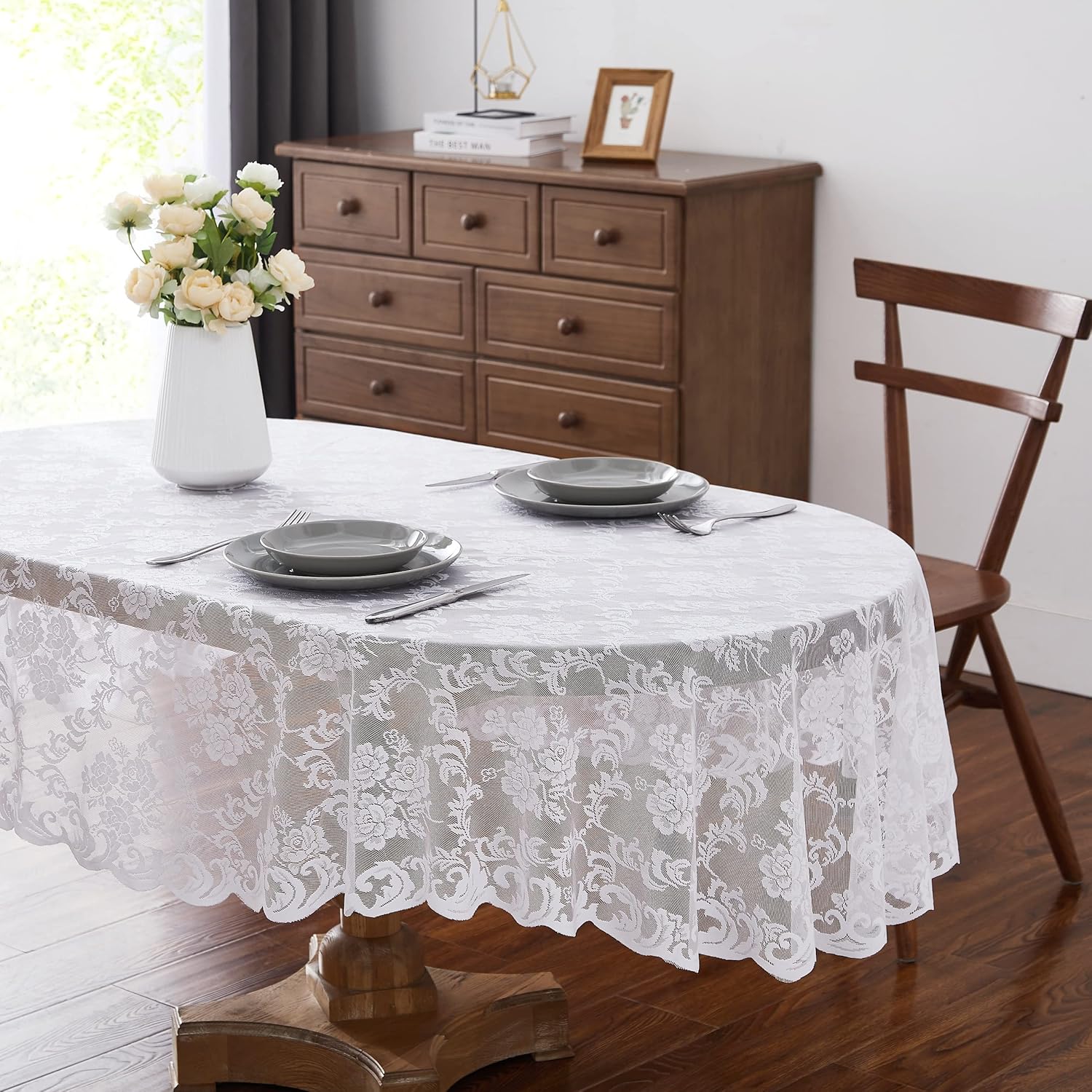 LinenZone White Oval Tablecloth for Rustic Vintage Decor
