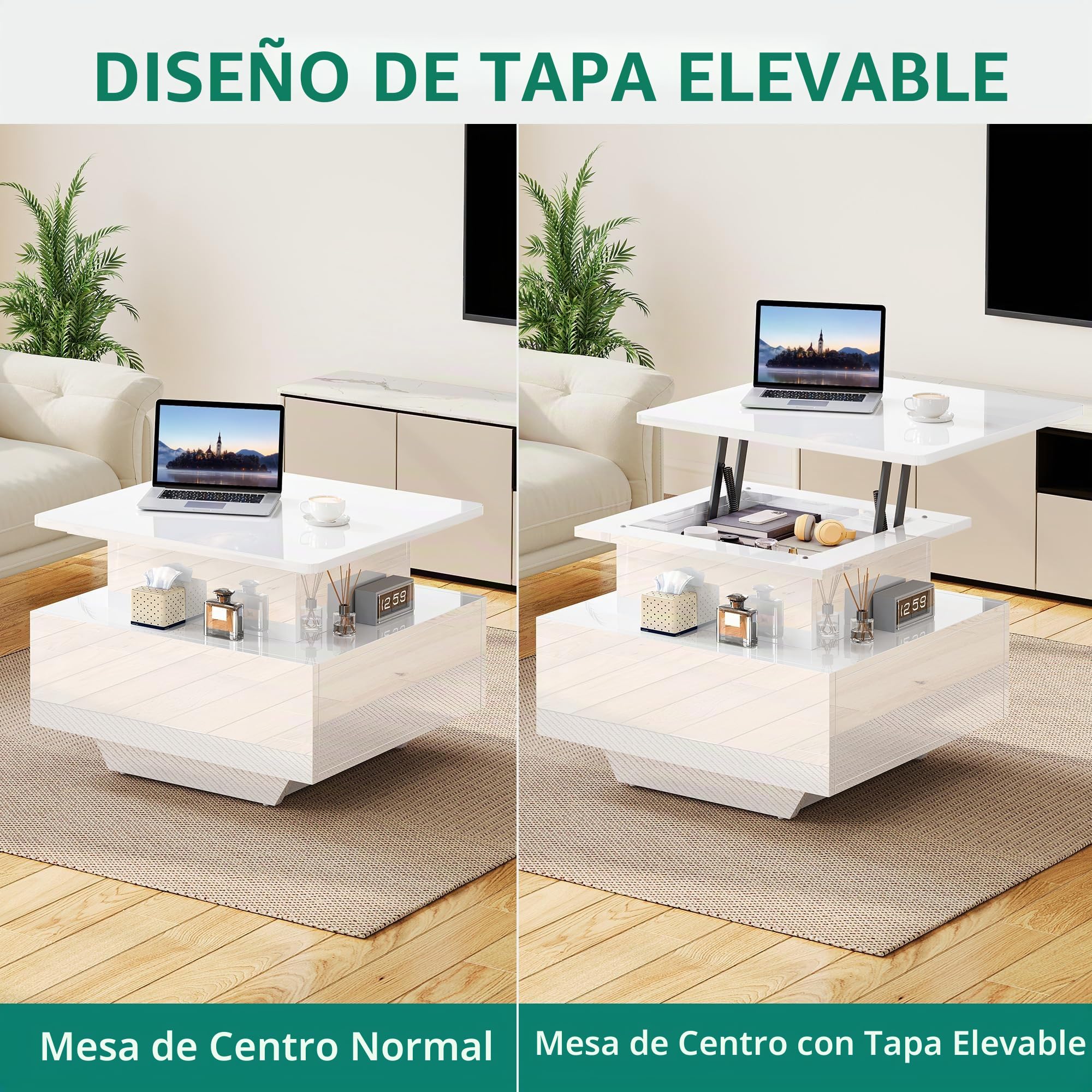YITAHOME Mesa de Centro Brillante Modernas con LED de 16 Colores, 60x60x45cm Mesa Centro Elevable con 2 Cajones, Adecuado para Salas de Estar y Apartamentos