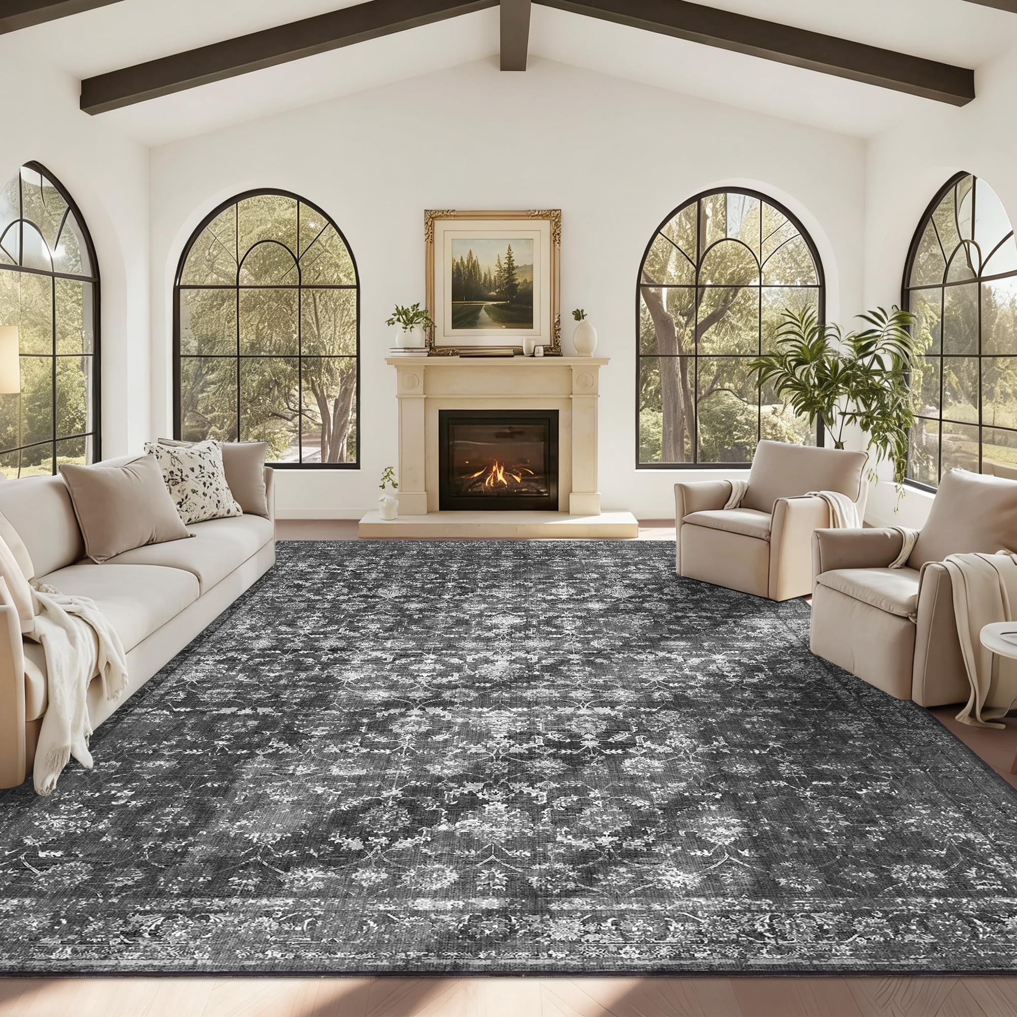 10x14 Retro Black Washable Rug with Persian Medallion Design