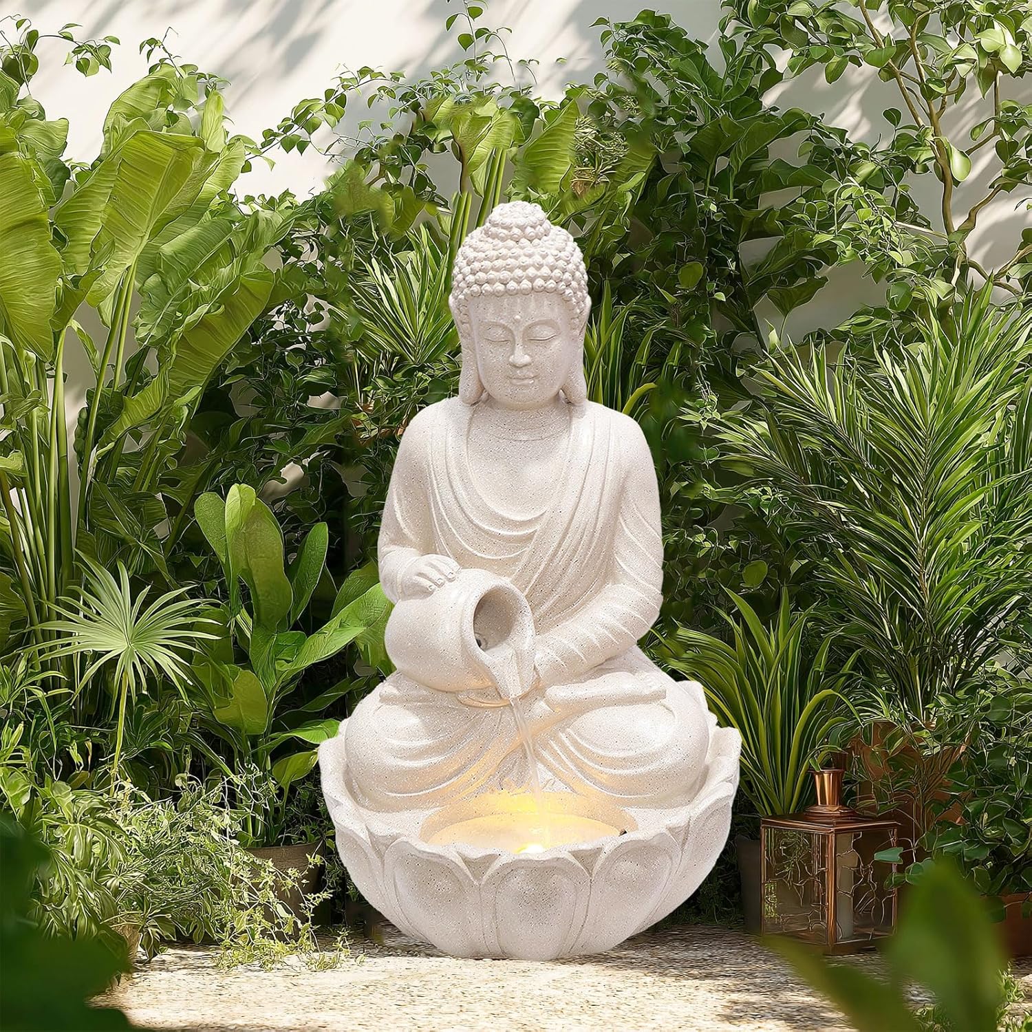 G-LEAF Zen Style Meditating Buddha Statue Water Fountain Outdoor 31'' Tall Patio Garden Water Fountain with LED Light and Submersible Pump Yard Art Decor