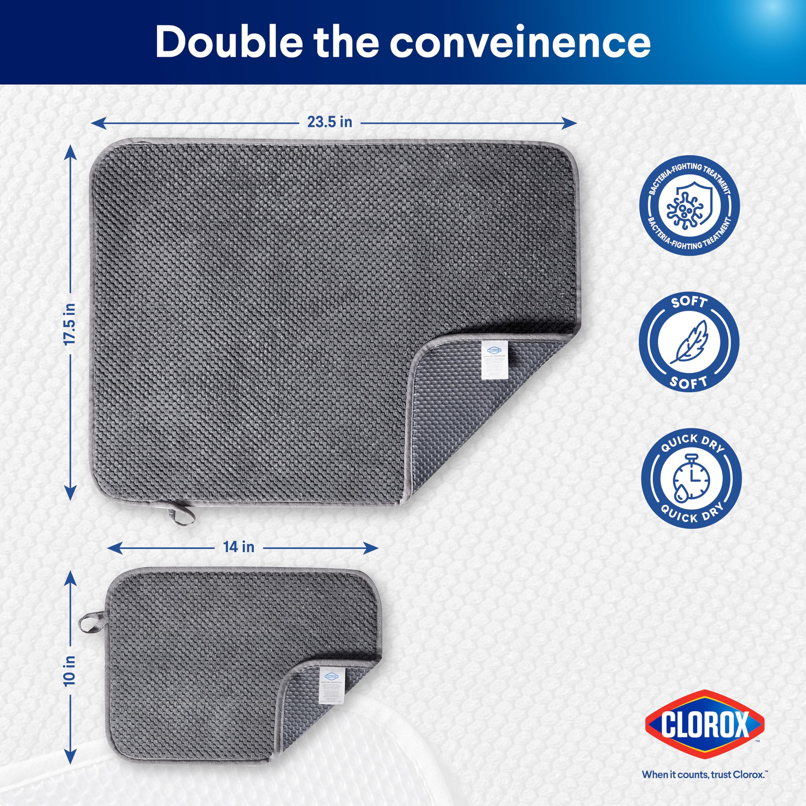 Clorox Plush Drying Mat - Polyester Polymide Blend - Ultra Absorbent Microfiber, For Drying and Draining Dishes at Kitchen Sink - 17.5