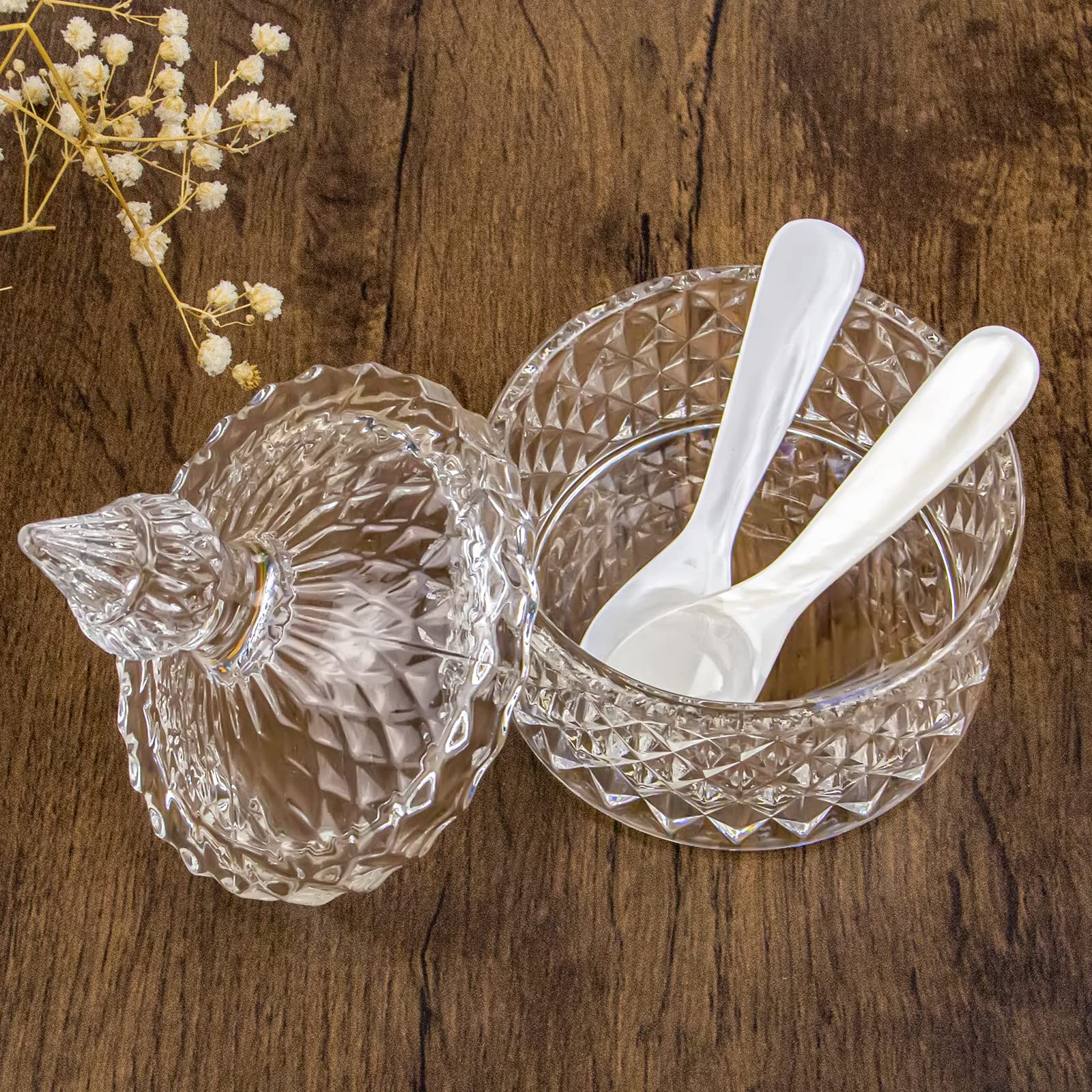 DUEBEL Dublin Ensemble refroidisseur de caviar en verre avec 2 cuillères en nacre de 8,9 cm – Idéal pour la cuisine, la restauration et le restaurant