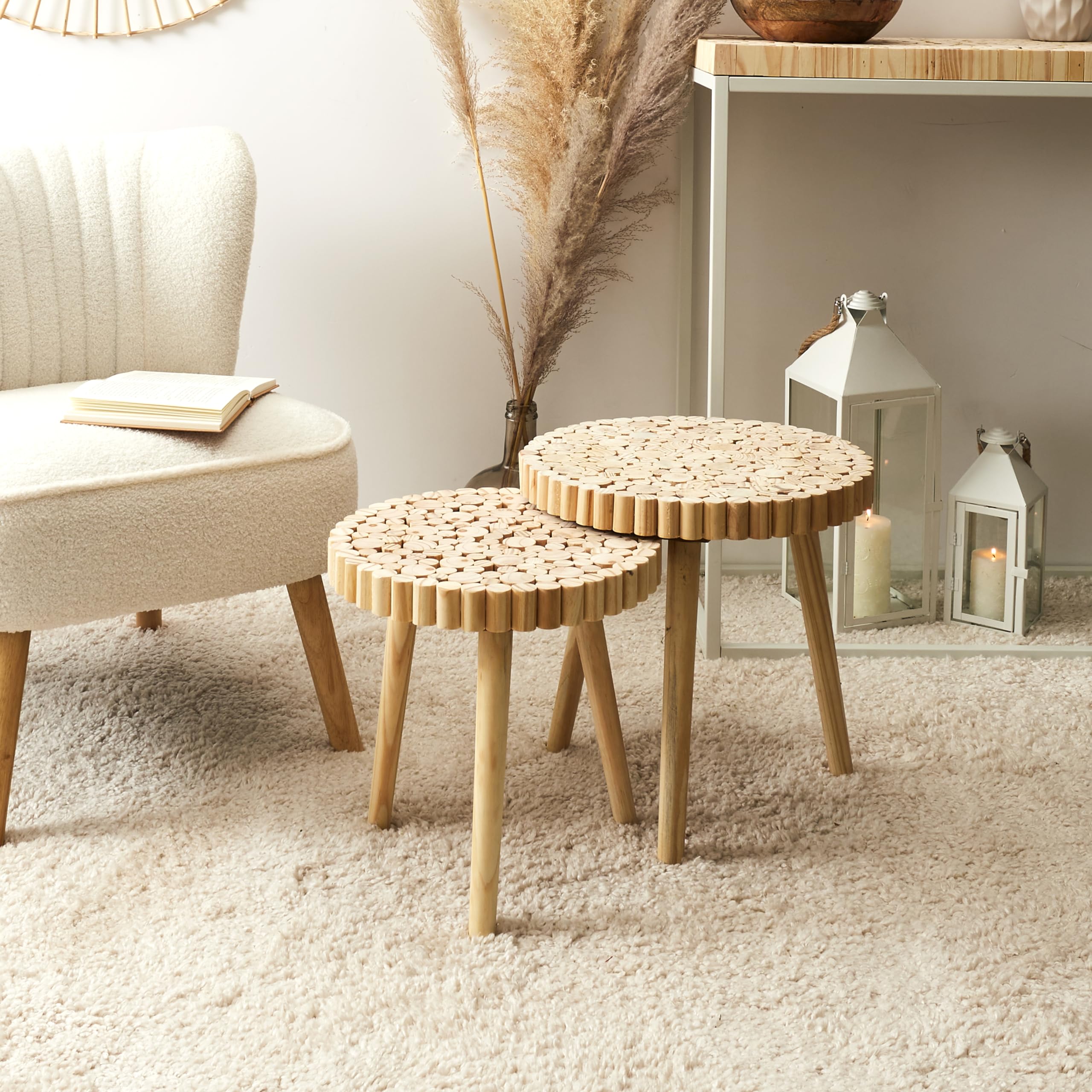 HOME DECO FACTORY Lot de 2 Tables Gigognes Rondin en Bois Design Marron | Bois, lot de 2 tables gigognes rondin, design original, salon ou salle à manger, gain de place, 40x40x40 cm, marron