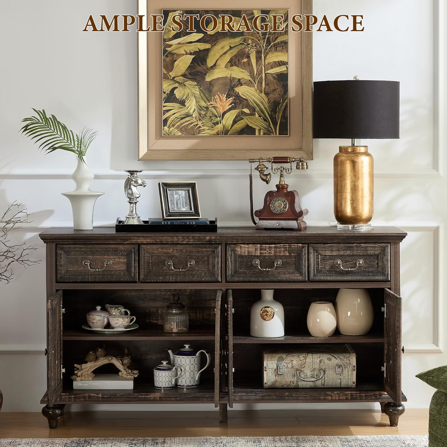 Yechen Sideboard Cabinet with doors open, revealing internal shelves and storage