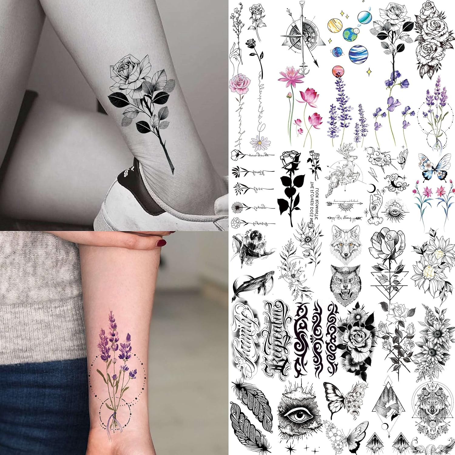 FIFYAN 73 Sheets Small Flowers Letters Temporary Tattoos For Women Men, 3D Moon Planet Lavander Fake Tattoos Neck Arm, Realistic Feather Butterfly Temp Tattoos Sticker For Kids Adult Hand Face Tatoos : Beauty & Personal Care