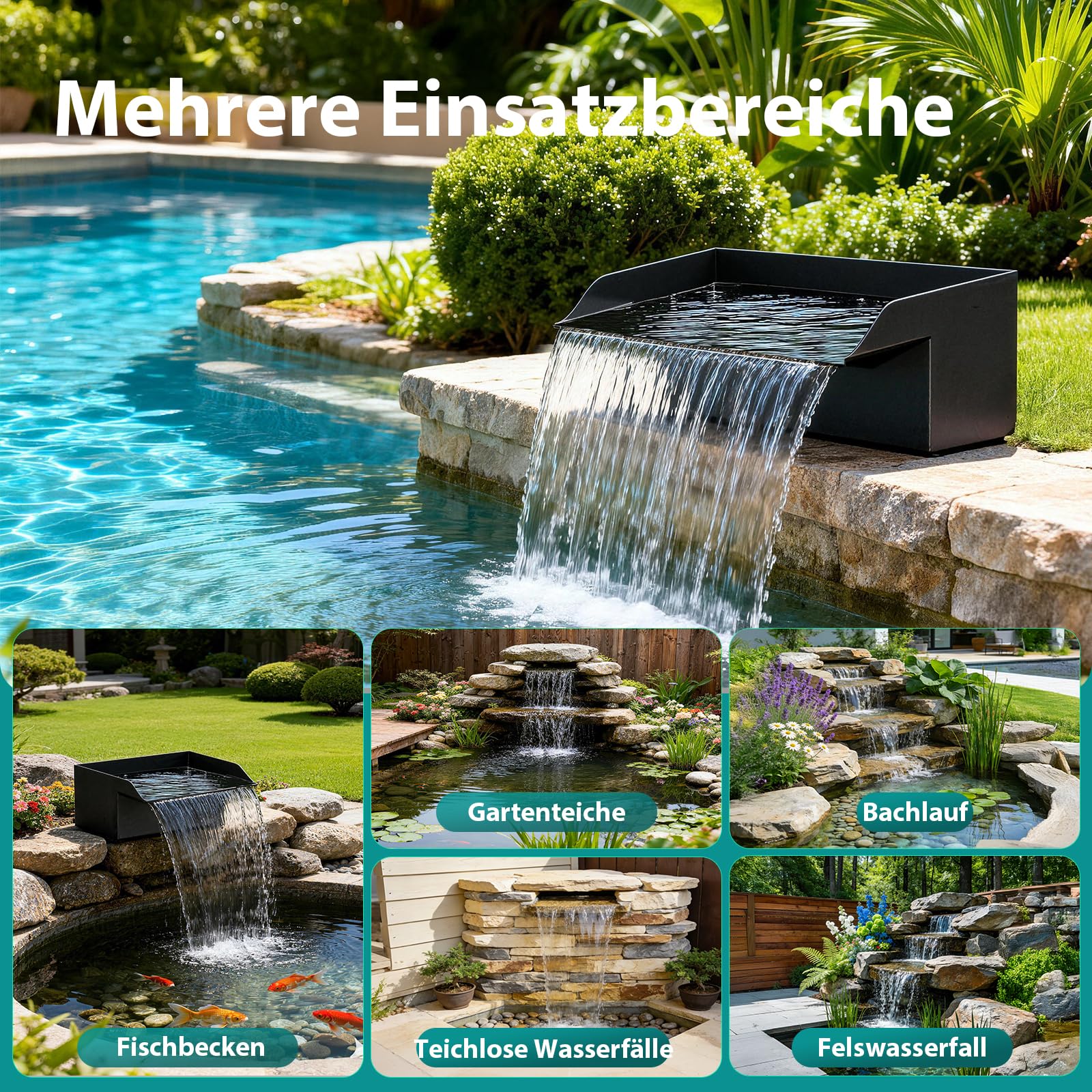 Teichwasserfall-Auslaufset, 20cm Teichwasserfall-Filter mit 2500l/h Wasserfallpumpe & Filterkäfig, 3m gewellter Schlauch für Außengartenteiche und Hinterhof-Wasserspiele