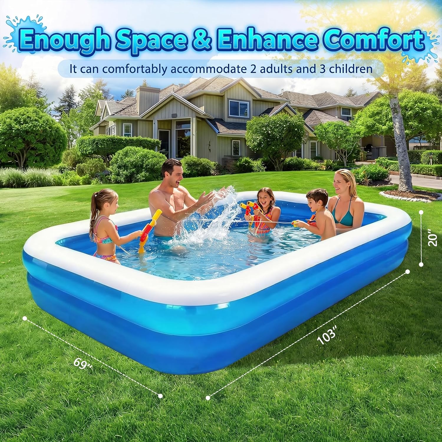 Full-Sized Inflatable Swimming Pool, Extra Large Blow Up Pool, Heavy Duty Above Ground Pool with Drain Valve, Leakproof Family Swim Pool for Backyard Patio Garden Outdoor Party (103''x69''x20'')