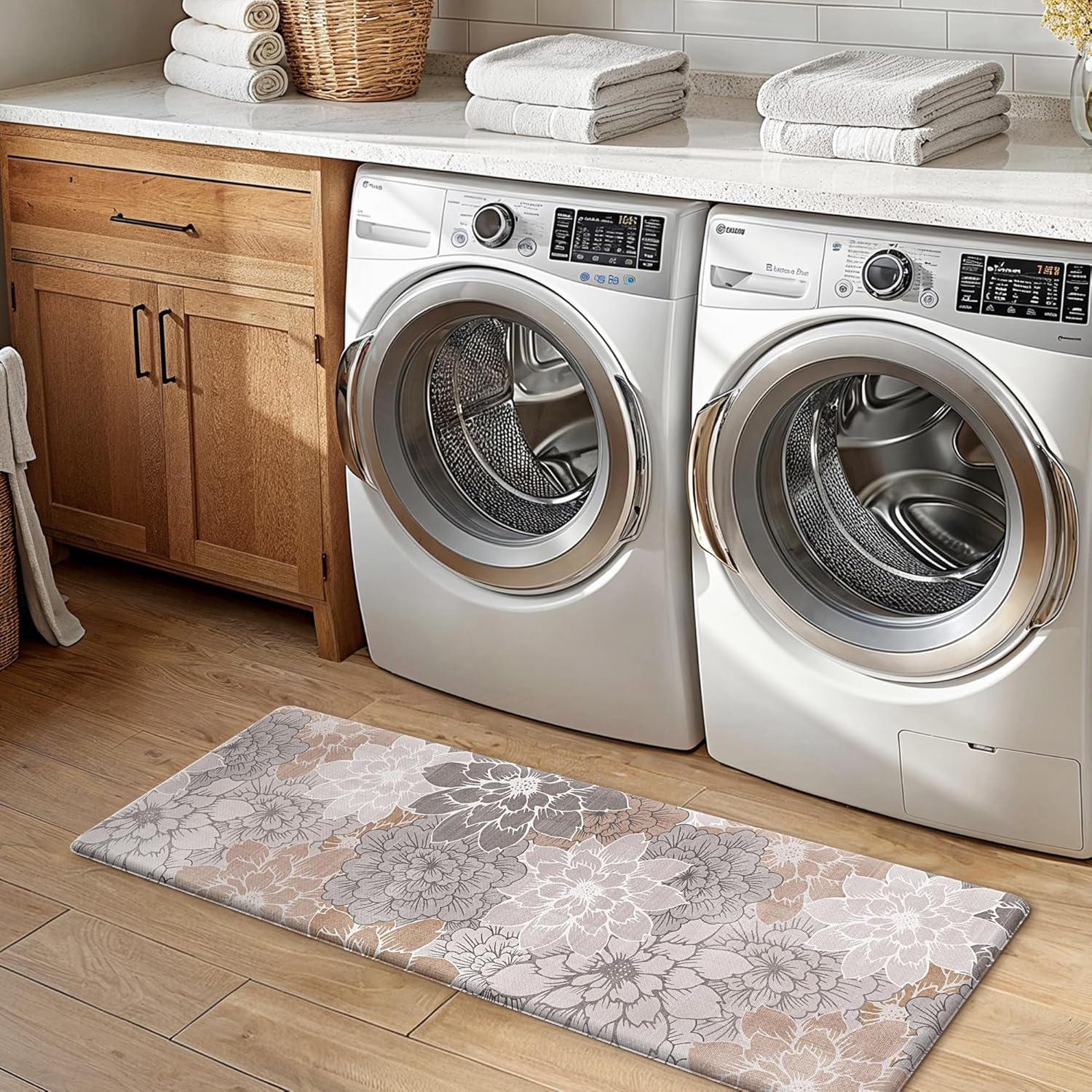 GENIMO Kitchen Mats for Floor, Kitchen Rugs Non Slip Washable Sets of 2, Waterproof Cushioned Anti Fatigue Mat, Floral Runner Rug for Laundry, Sink, Office, Home, 20"x32"+20"x48", Taupe Grey