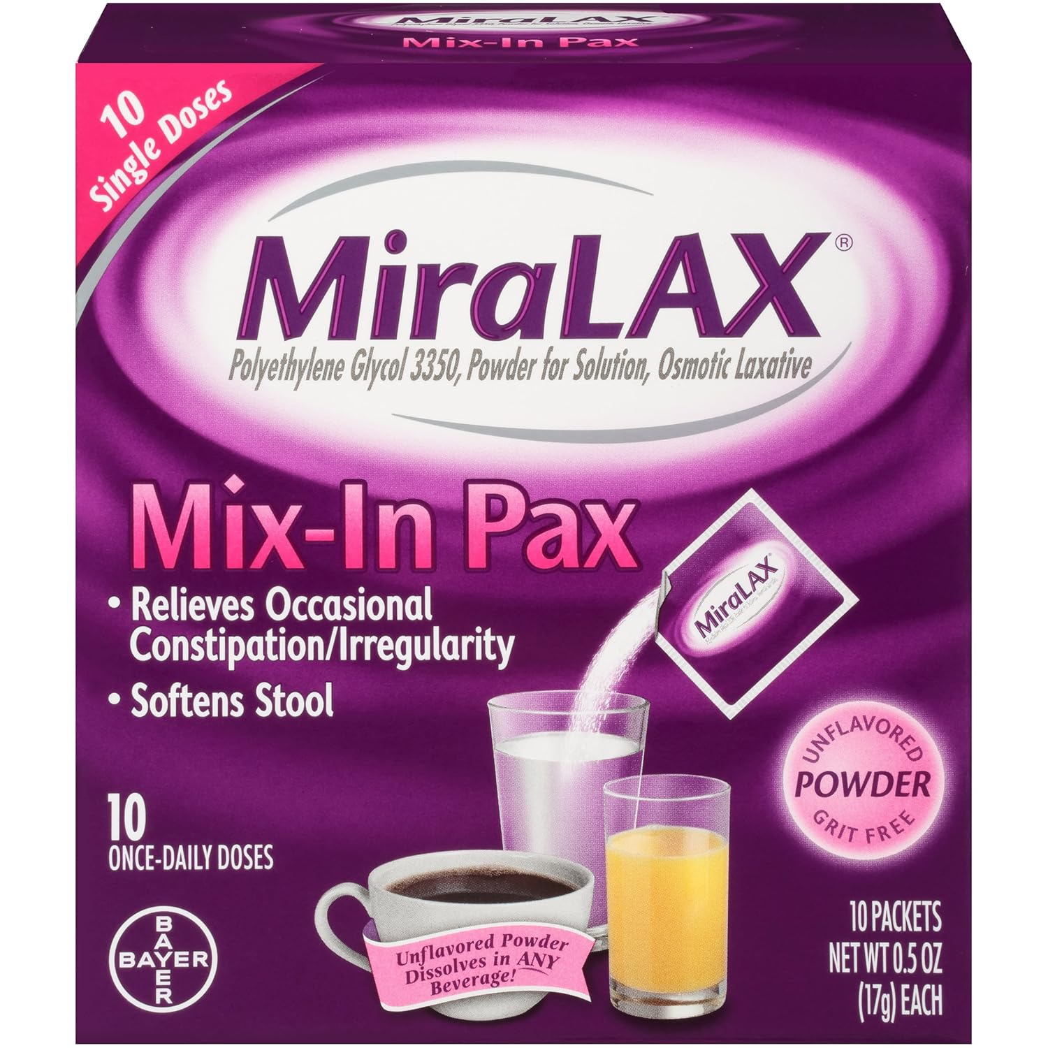 MiraLAX Single Dose Sachets, 10-Sachets, 0.5 Ounce, 2 pack, 10 Count.