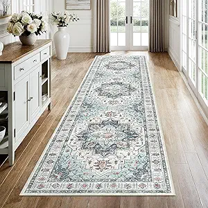 Madane 3x12 Hallway Runner Rug - Non Slip Washable 12ft Runner for Hallways Soft Vintage Kitchen Rugs Low-Pile Carpet Runner for Entryway Bathroom Thin Floor Mat for Bedroom Dining Room, Blue