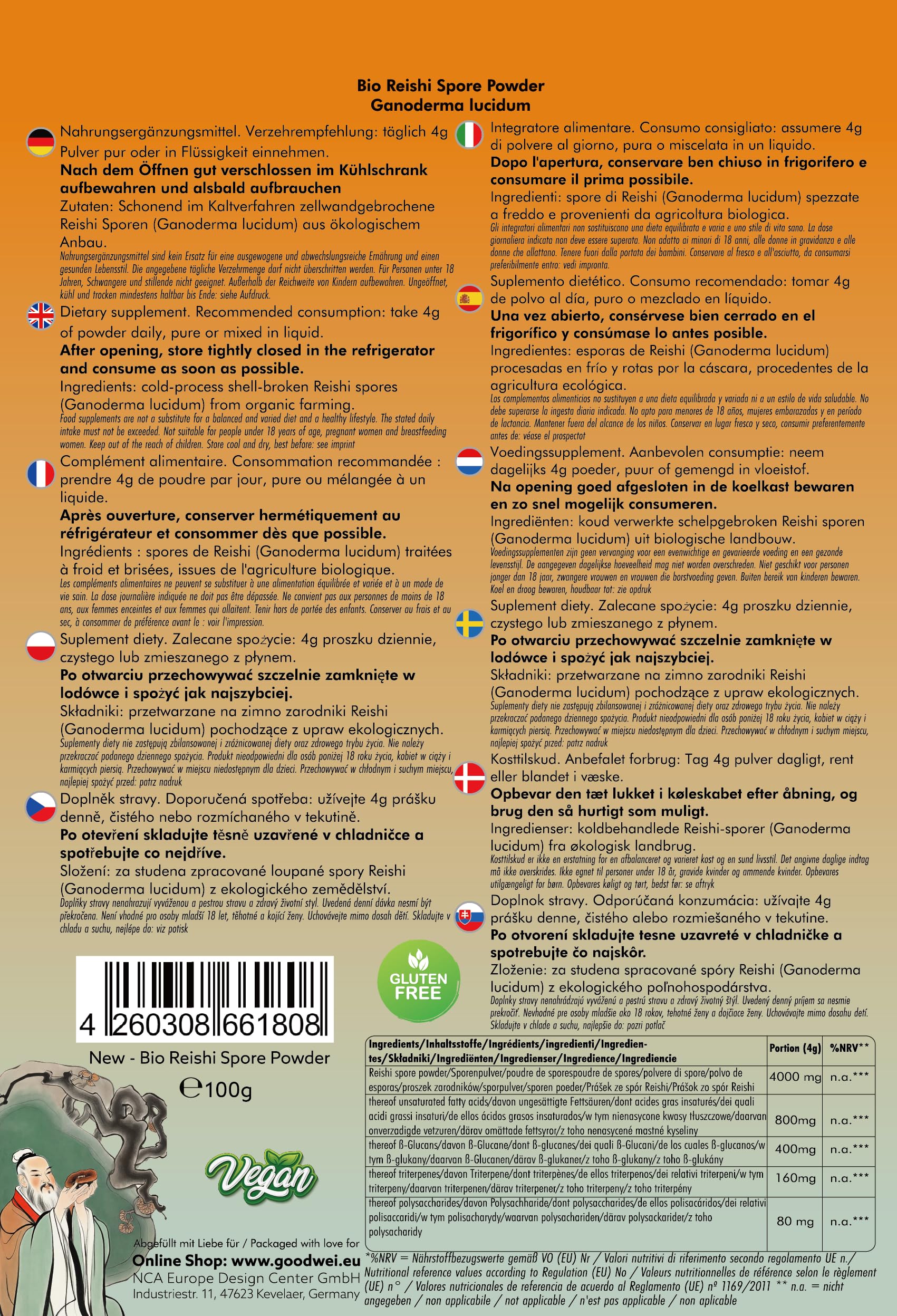 Poudre de spores de Reishi biologique - Poudre pure de champignon Ganoderma Lucidum sans additifs, paroi cellulaire brisée, 100g