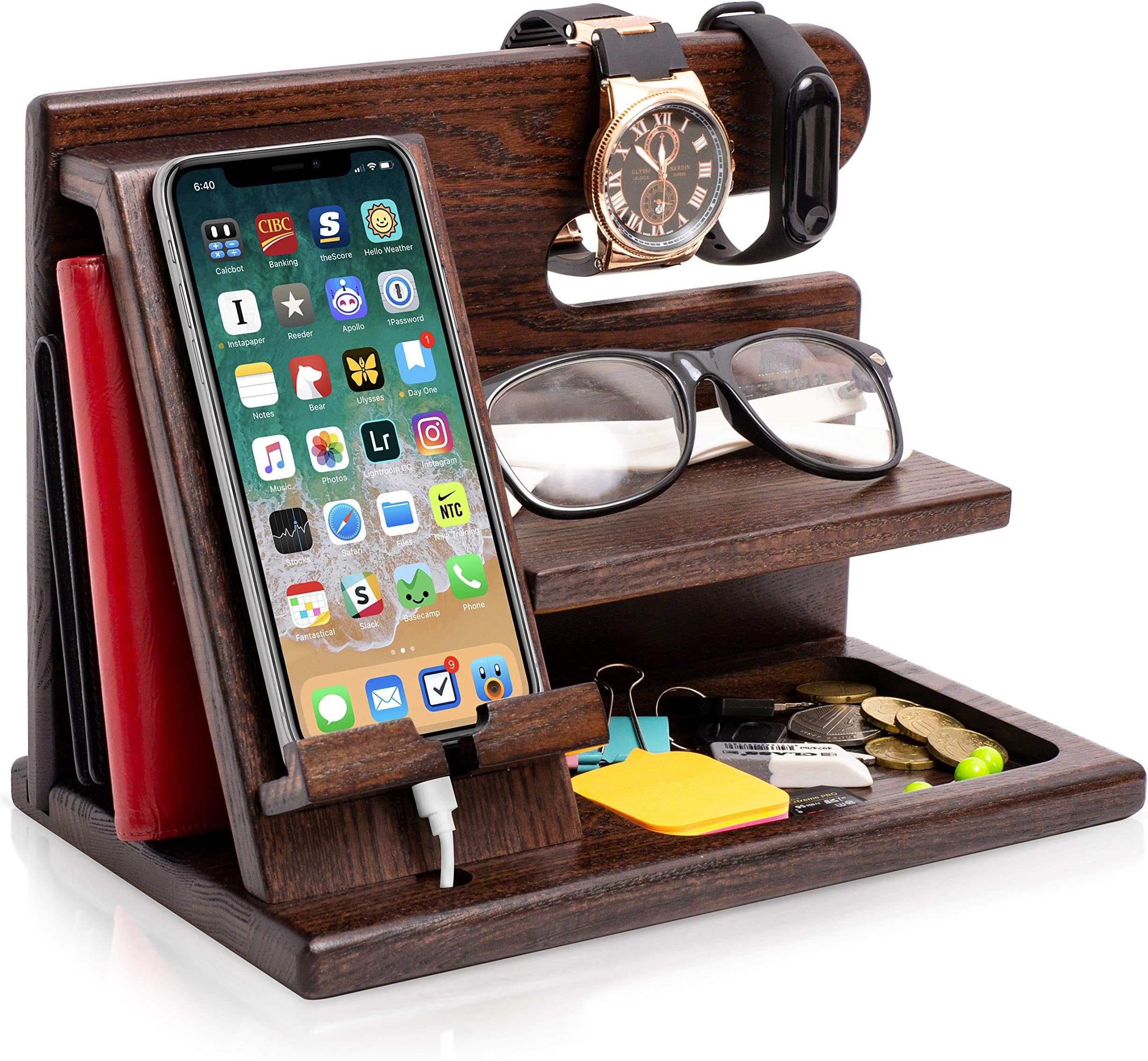 Teslyar Wood Phone Docking Station Ash Key Holder Wallet Stand Watch Organizer Men Husband Wife Anniversary Dad Birthday Nightstand Purse Father Graduation Male Idea Gadgets
