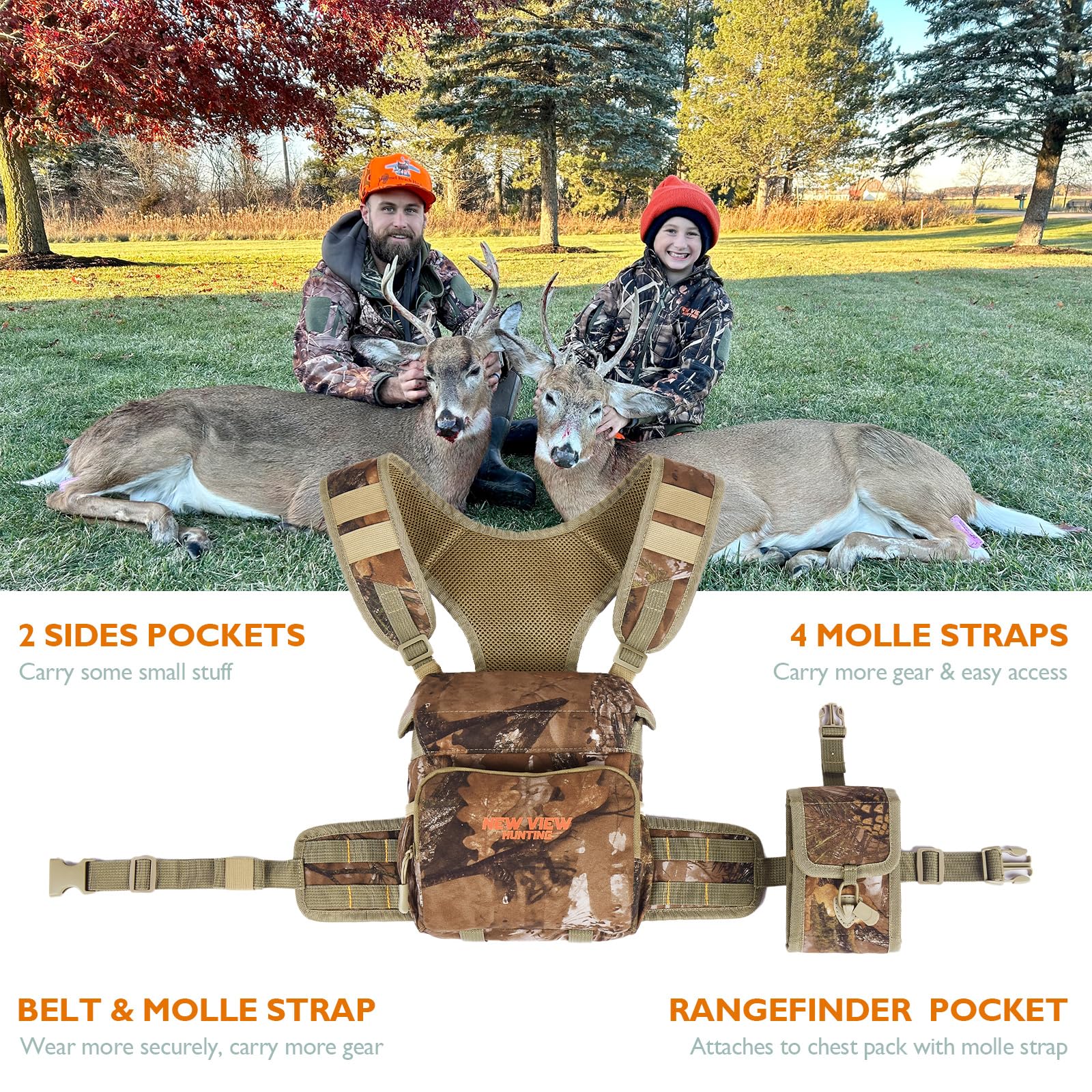 NewView Arnés Binocular para Pecho con Bolsa de telémetro Desmontable, Correa bino Ajustable y Protector de Lluvia, Ideal para Caza, Senderismo y observación de Aves, M, Camuflaje, Camuflaje