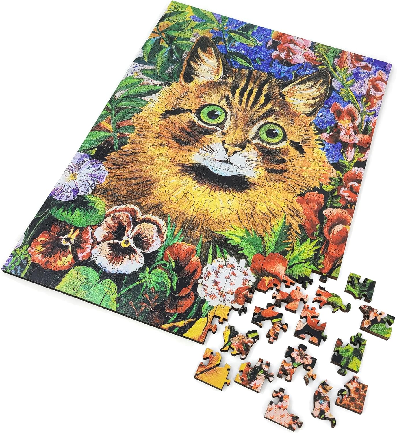 Large Format Wooden Puzzle for Adults and Seniors - Large Pieces Puzzle - Uniquely Shaped Pieces - Made in The USA by FoxSmartBox - 240 Pieces - Cat Among The Flowers