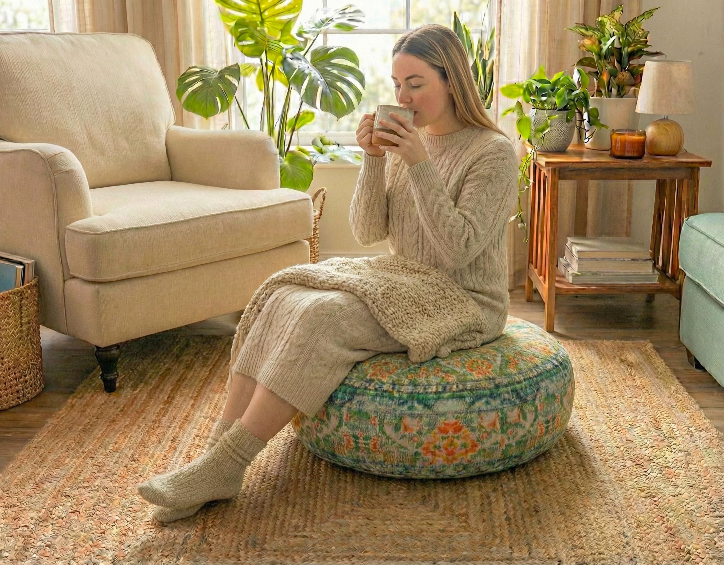 Mandala Life ART Bohémien Yoga Décor Housse de Coussin de Sol - 60x20 cm - Taie d'oreiller Tapis de Méditation Ronde - Décoratif Pouf Tapis en Coton imprimé