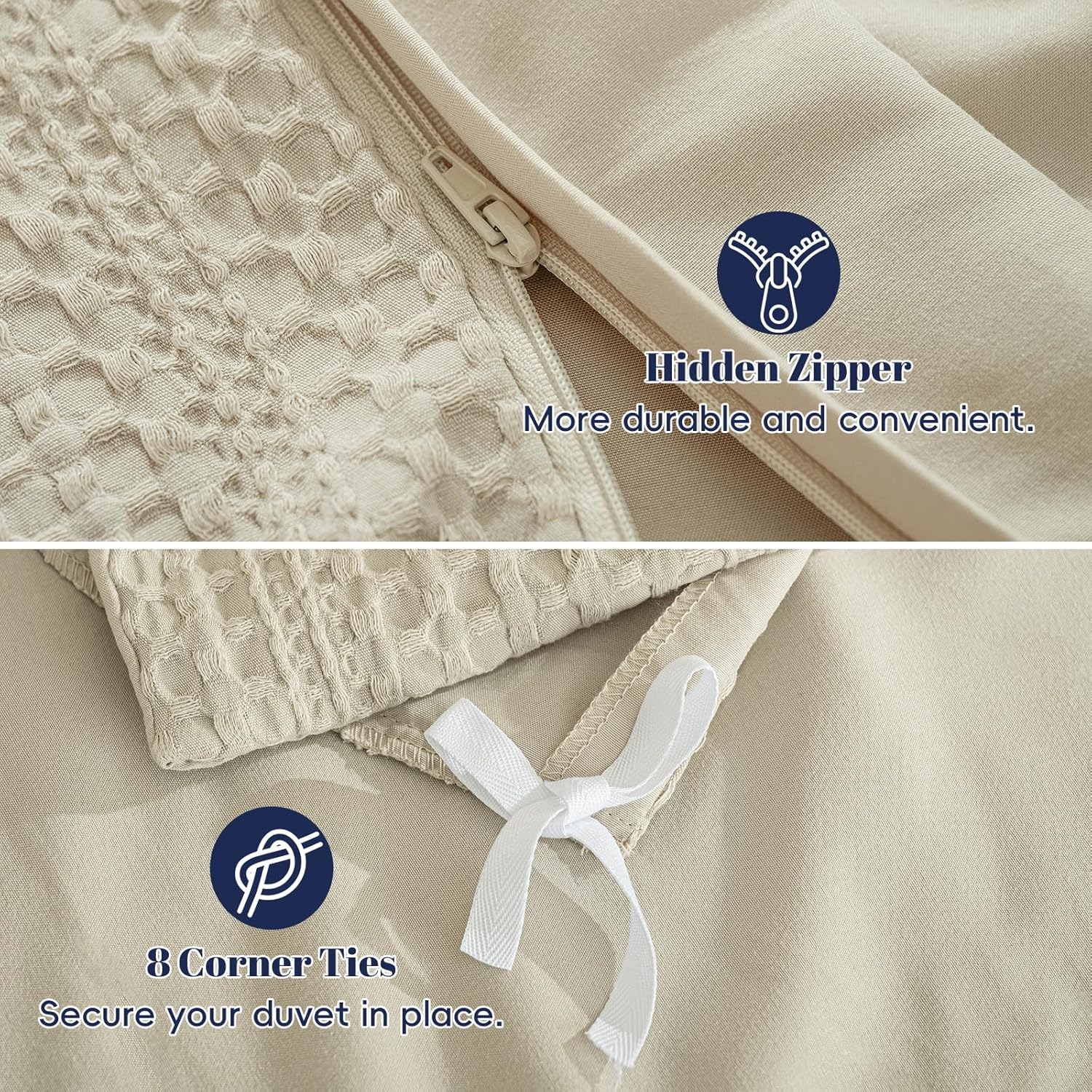 PHF Soft Waffle Duvet Cover Queen Size- Luxury Textured No Snagging Waffle Weave Comforter Duvet Cover(90"x90") with 2 Pillow Shams, 3 Pieces Breathable Bedding Set for All Season, Natural - Image 6