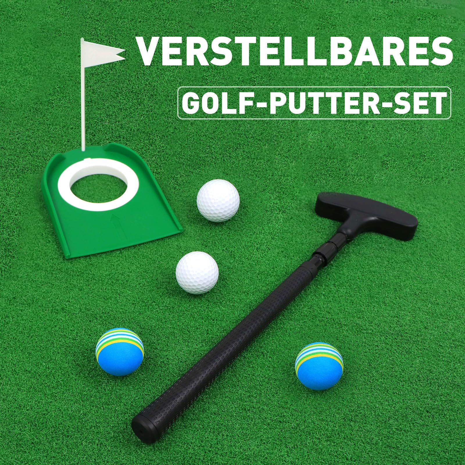 Golf Putter Verstellbar, für Links- und Rechtshänder – Komplettset in Schwarz inklusive 4 Bällen und 1 Fahnenloch – Ideal für Kinder, Jugendliche und Erwachsene (Einzelpackung)