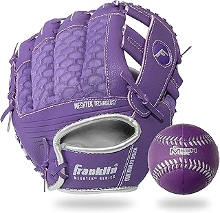 Franklin Sports Teeball Glove and Ball Set - Meshtek Teeball Glove and Foam Baseball - Purple/Silver - 9.5