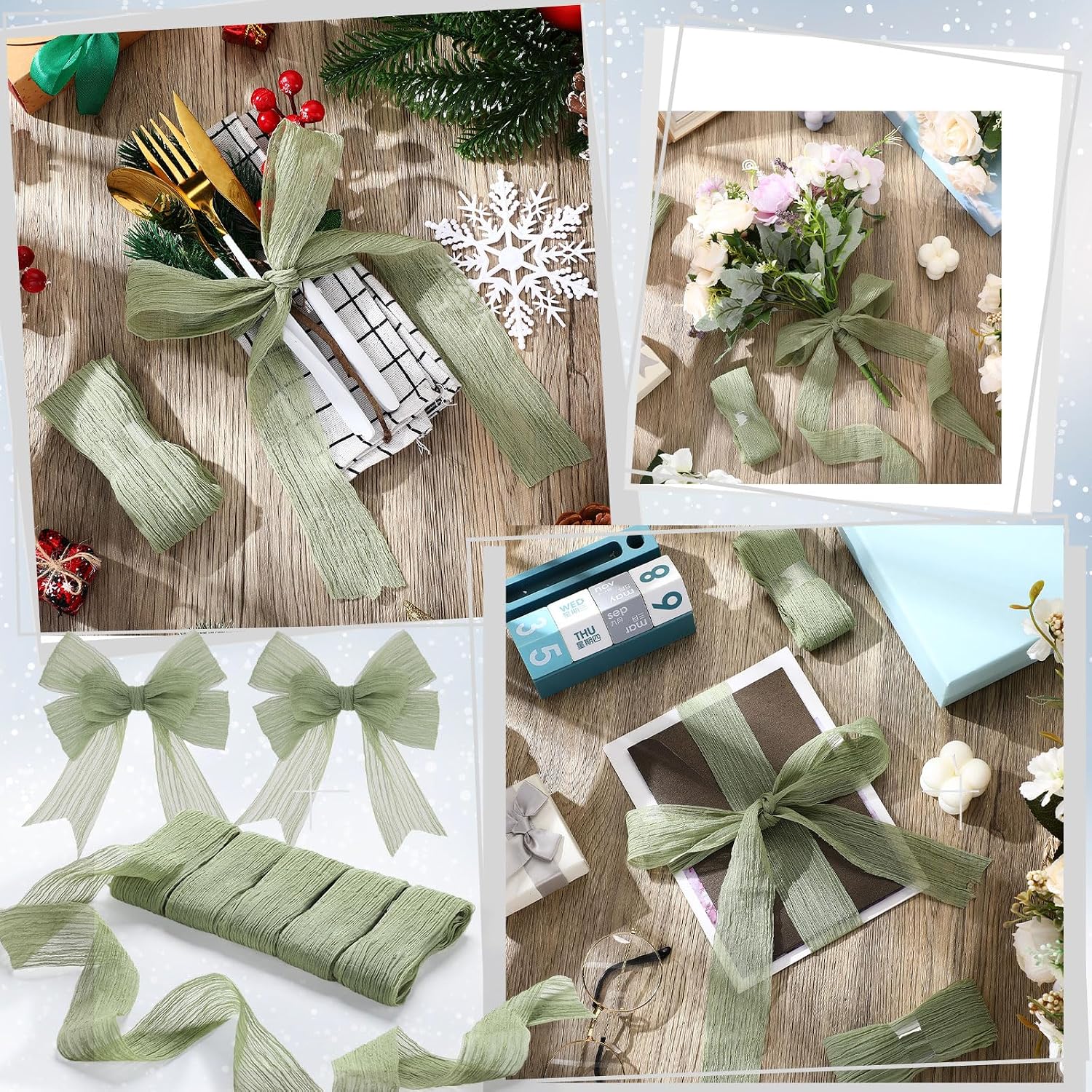 Waydress 5 Roll Sage Green Ribbon 15 yd 1-1/2 Inch Crinkle Chiffon Ribbon Handmade Tulle Fabric Silk for Gift Wrapping, Wedding Invitations, Bridal Bouquets Wrapping