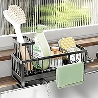 SWTYMIKI Self-Draining Sponge Holder for Kitchen Sink - 304 Stainless Steel Caddy with Brush Holder, Towel Bar & Divider, Black Countertop Organizer
