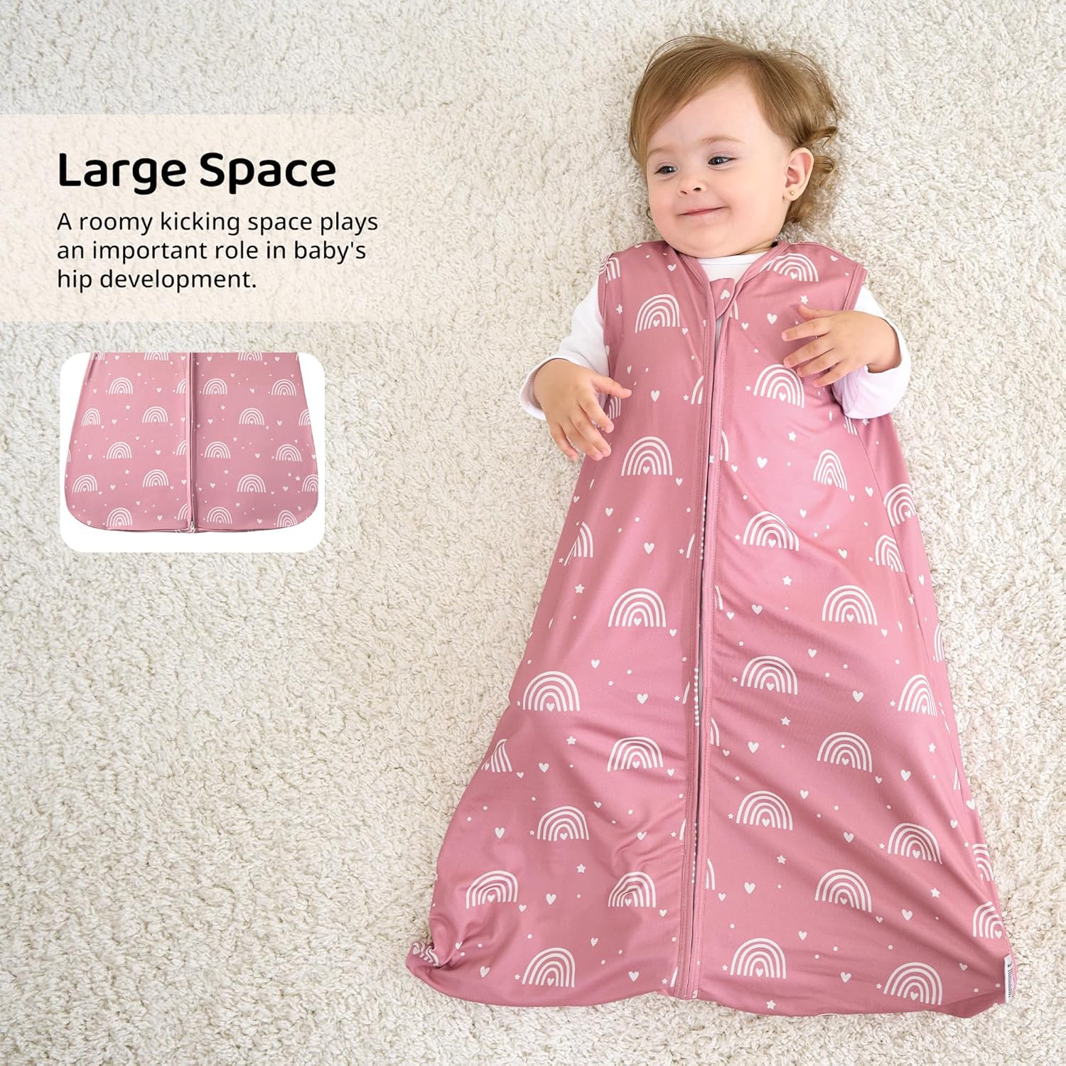 Baby Sleep Sack 0-6 Months, 0.5 TOG Wearable Blanket for Baby Boy and Girl, 2-Way Zipper Newborn and Infant Sleeping Bag 2 Pack, Lightweight Sleep Sacks Pink Rainbow(Small) - Image 7