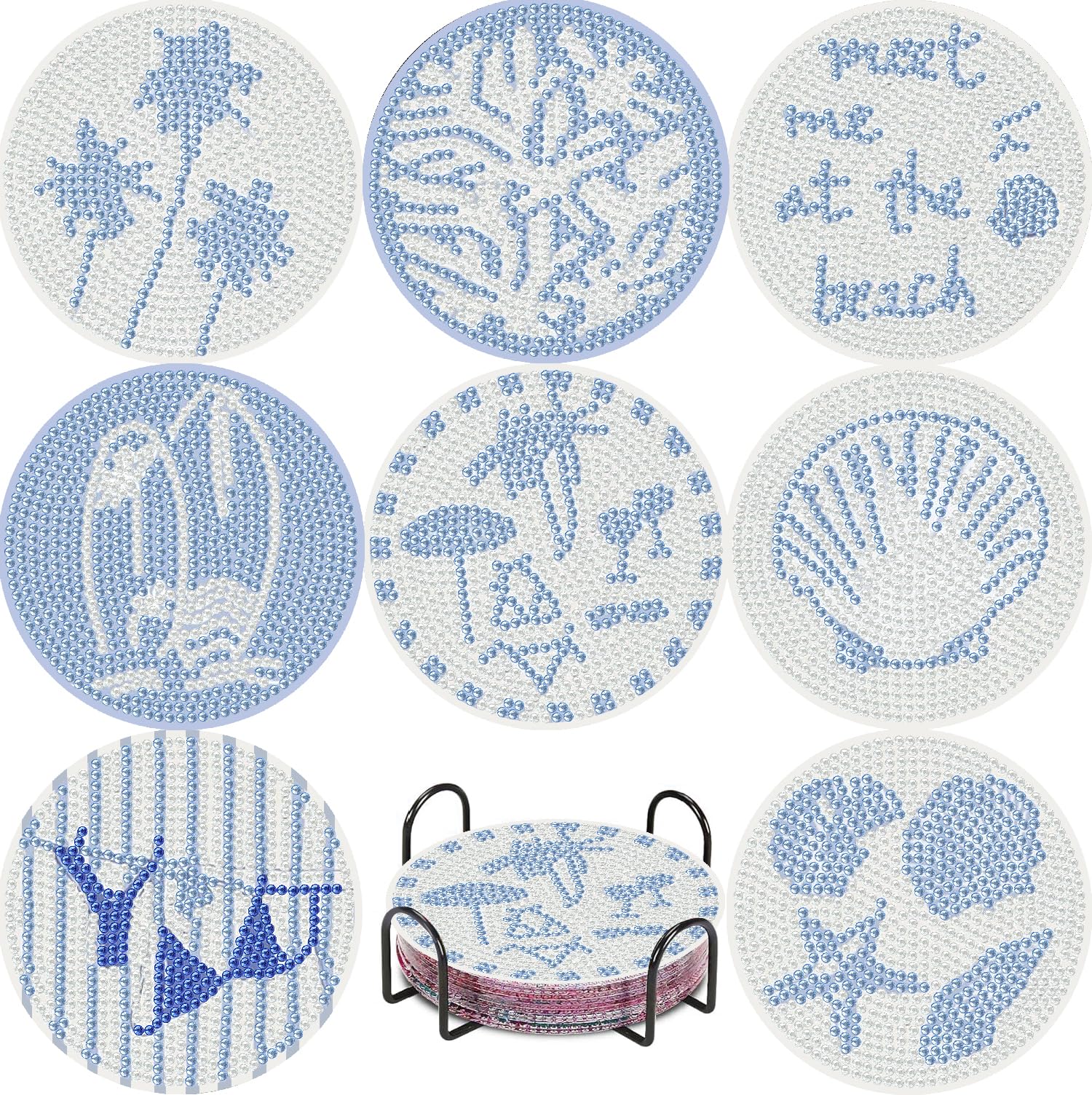 Jakener Bdal0038-Uk 8 Pcs Beach Diamond Art Painting Coasters Kits,Sea Coaster With Holder For Adults, Non-Slip Diy Dot Paint Craft Kits,5D Full Drill Diy Diamond Dot Gem Art Kit Home Decor Arts Craft