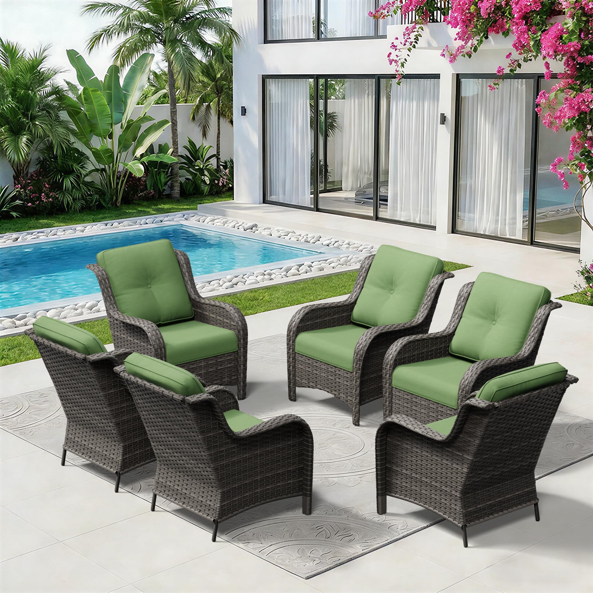 6 Piece Outdoor Wicker Patio Furniture Set, Patio Chairs Set with Thickened Olefin Cushions, High Back and Deep Seating, Hand-Woven PE Rattan for Porch, Deck