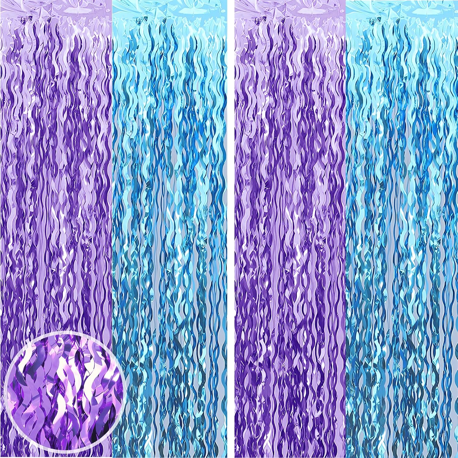 2 pcs Purple Blue Wavy Tinsel Curtains,Mermaid Birthday