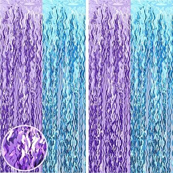 Wavy Teal Blue and Purple Tinsel Foil Fringe Curtain Photo Booth Props for Mermaid Birthday Decorations Under The Sea Party Decorations2pcs 3.2ftX6.6ft