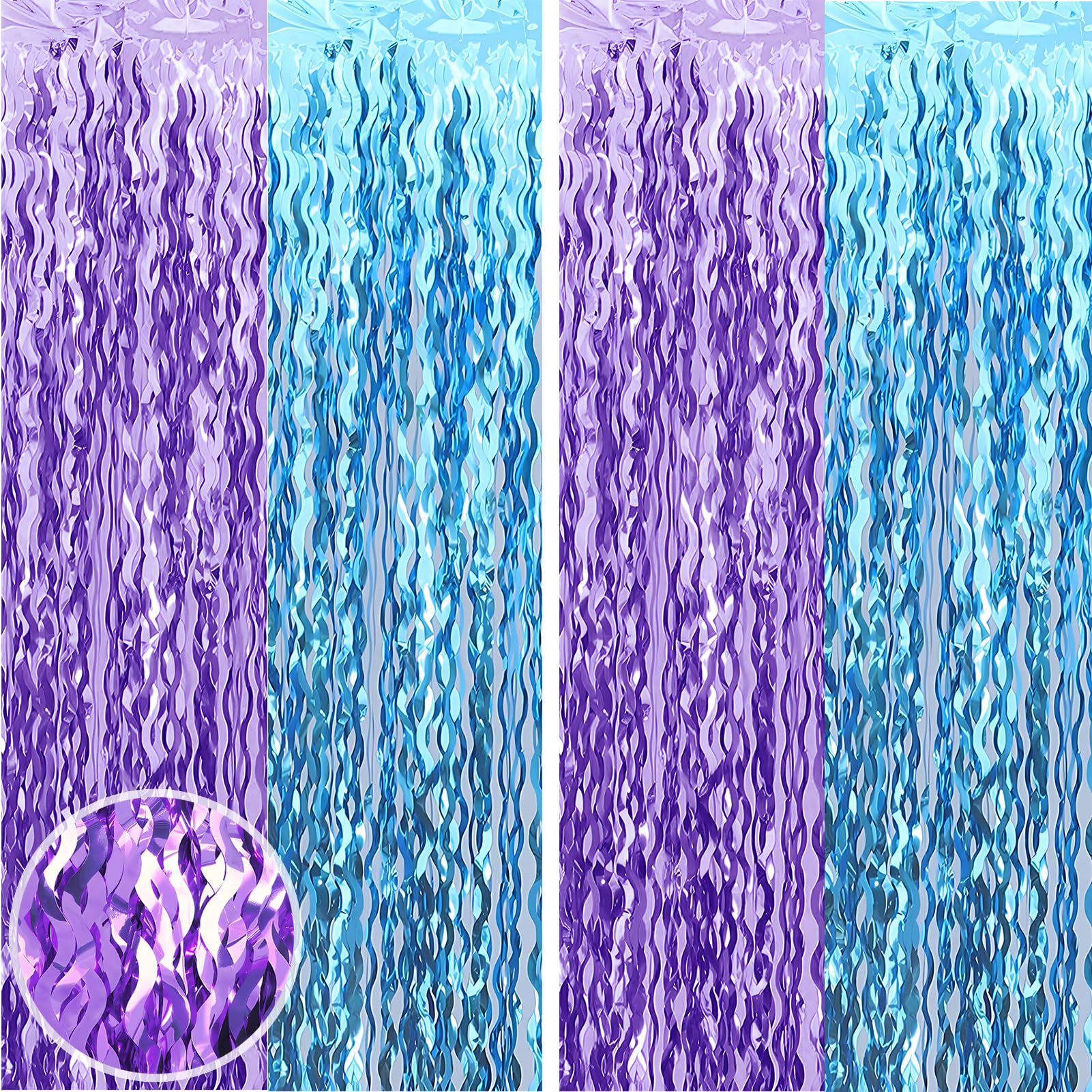 BUDICOOL 2 pcs Purple Blue Wavy Tinsel Curtains,Mermaid Birthday