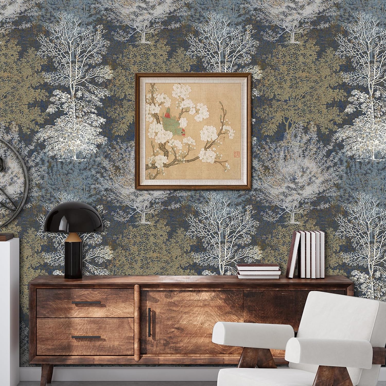 Vintage Forest Peel and Stick Wallpaper - Hand Drawn Tree Mural for Bathroom, Bedroom Walls, Cabinets, Shelves - 17.71"*236.2