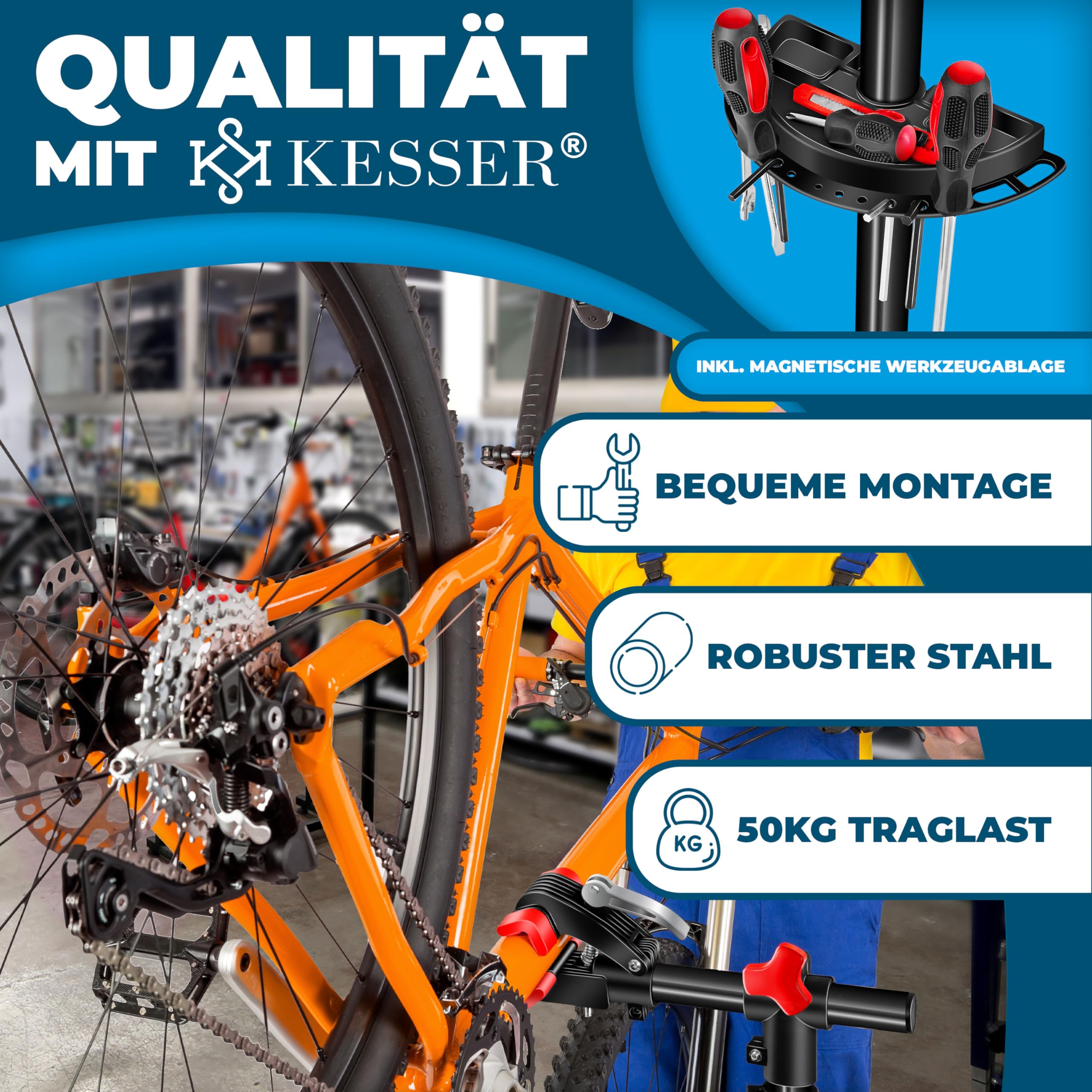 KESSER® Profesjonalny stojak do montażu rowerów, stojak na rower + torba, stojak do naprawy roweru, stojak do naprawy roweru, stojak do montażu w zestawie z miską na narzędzia + przegródka na magnes,