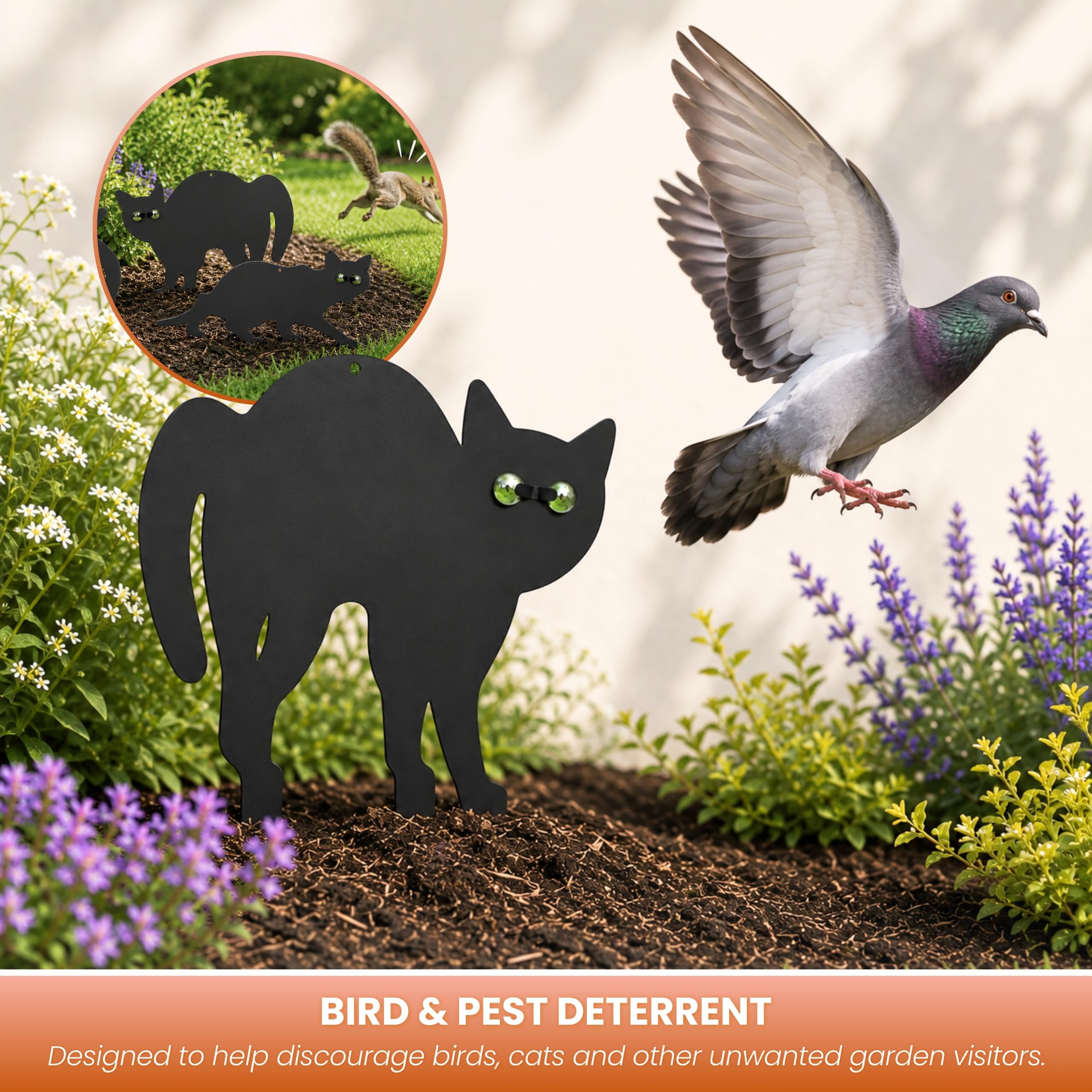 Garden Mile Paquete de 3 Recubrimiento Negro Gato De Metal (Pájaro, Animal,Fox Humano Control De Plagas) Espantapájaros,Jardín Silvestre Repelente De Animales, pájaro Detergente