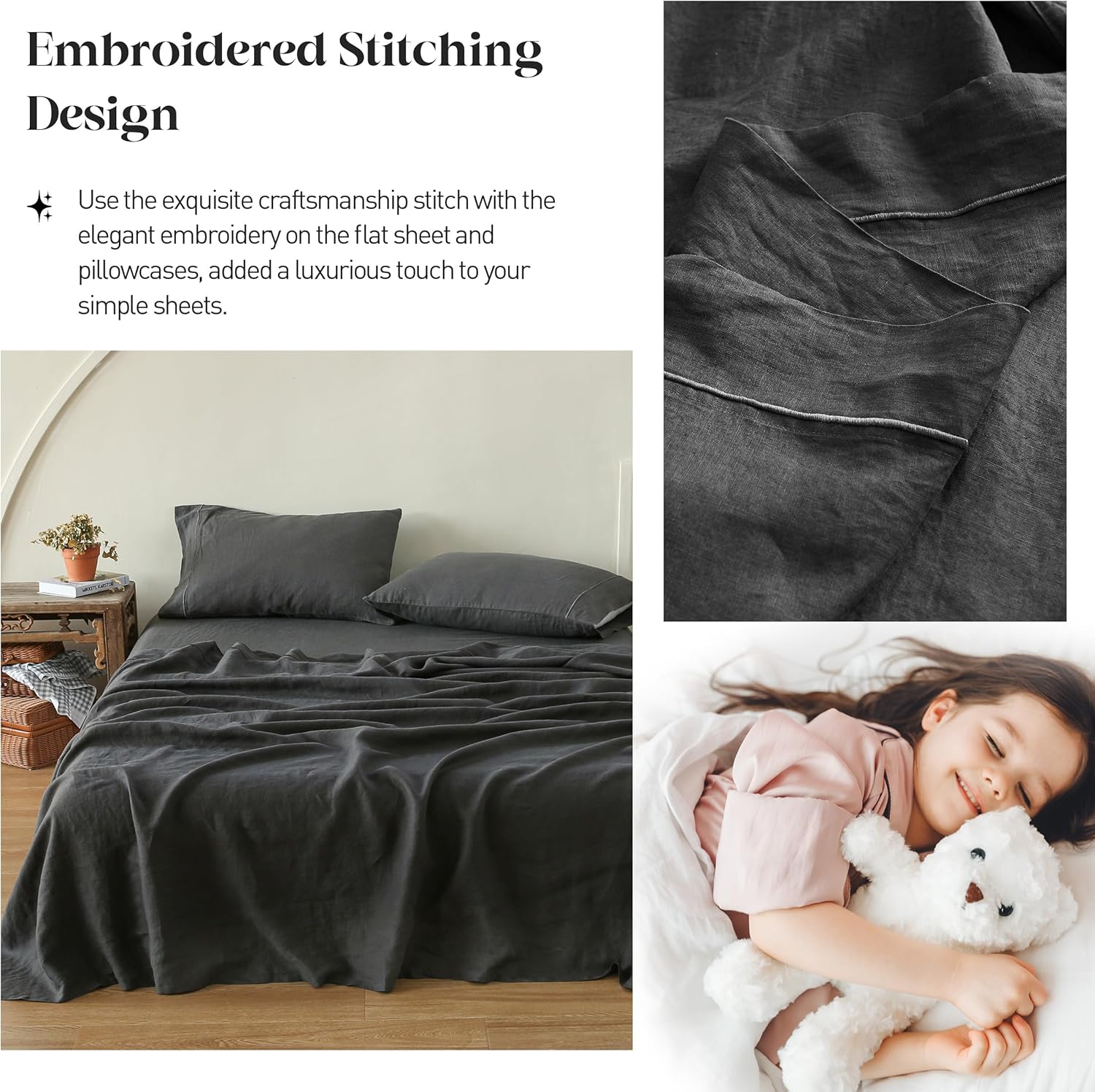 Simple&Opulence 100% Pure Linen Sheet Set King Size, Natural French Flax Solid Color 4 Pcs Washed Breathable, Farmhouse Bedding (1 Flat Sheet,1 Fitted Sheet,2 Pillowcases)-Embroidery Dark Grey