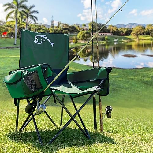 Miniatura 7 de EASYGO PRODUCTS Silla de pesca con soporte para caña, enfriador integrado, soporte para caña de pescar manos libres, bolsa de almacenamiento,