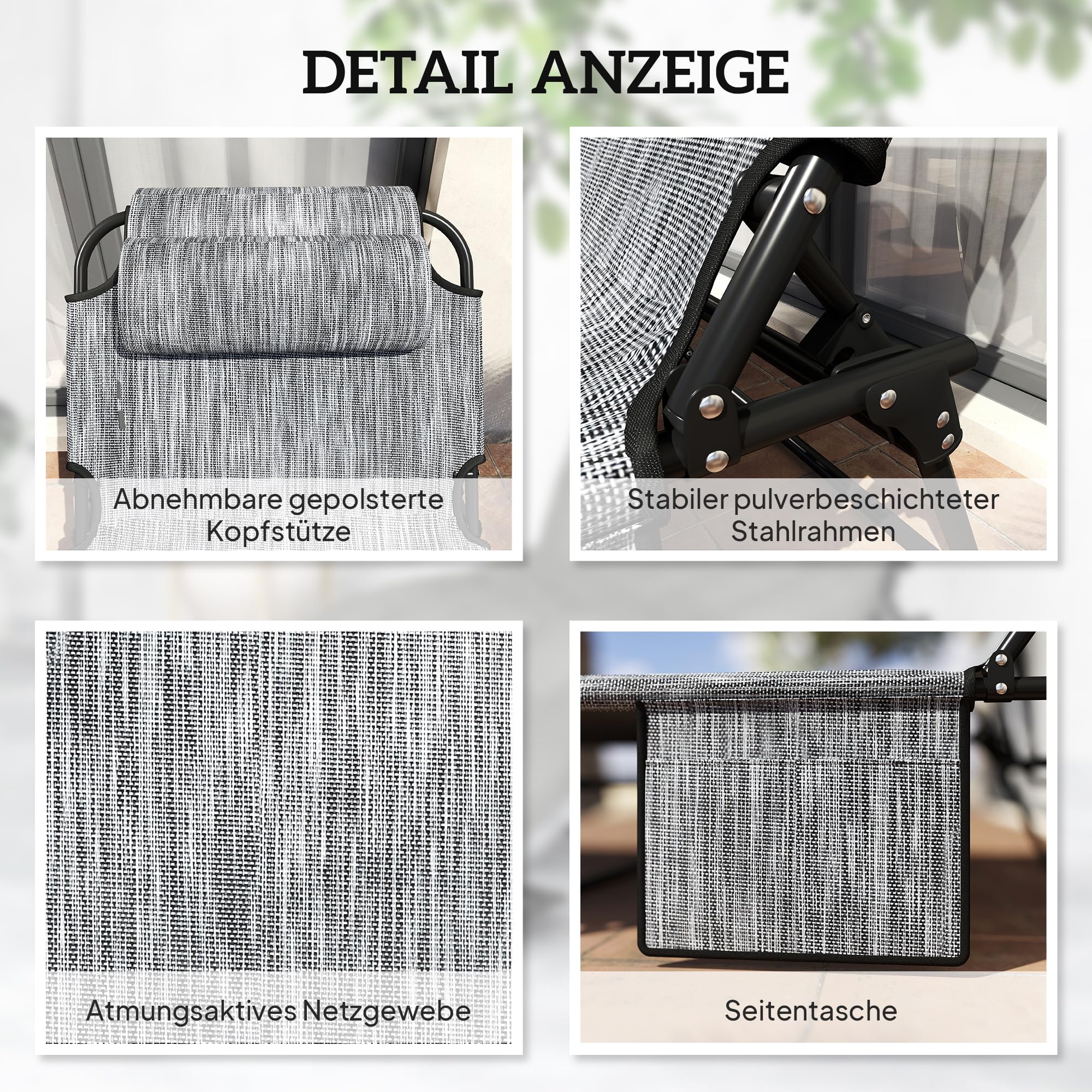 Outsunny Łóżko polowe, łóżko kempingowe, leżak kempingowy z kieszenią boczną, składane łóżko z poduszką, regulowane oparcie do ogrodu, na balkon, do 120 kg, szare