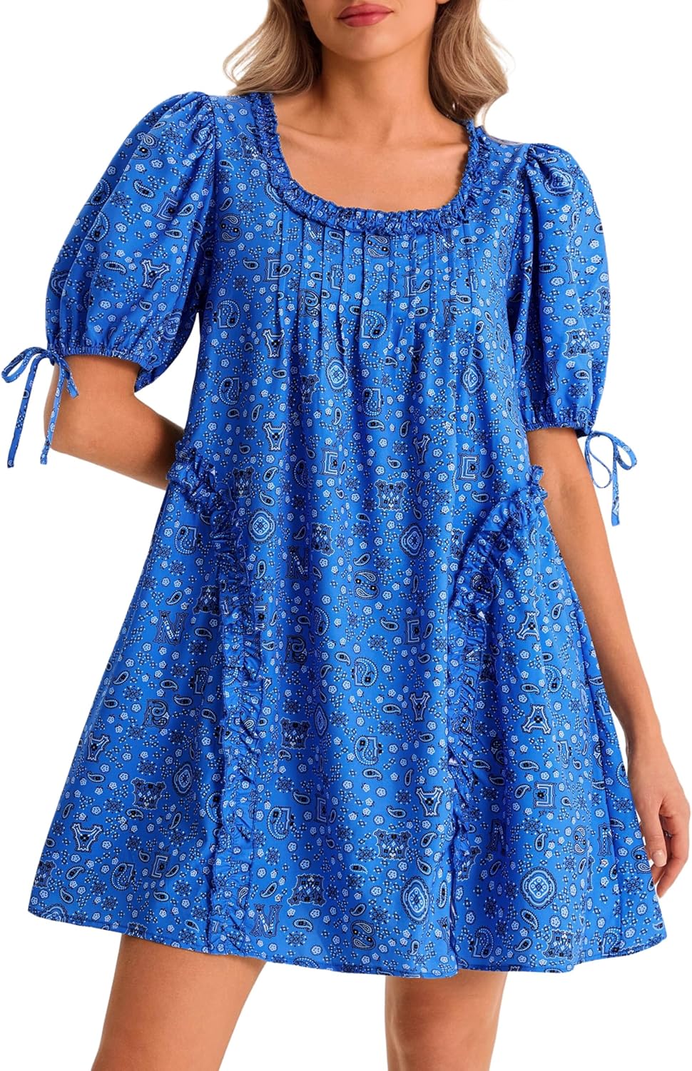 Wenrine Womens Babydoll Mini Dresses Casual Polka Dot Short Sleeve Square Neck Oversized Cute Summer Dress with Pockets