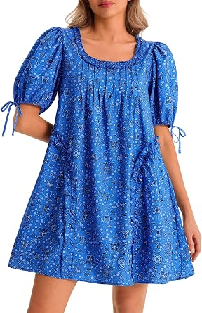 Wenrine Womens Babydoll Mini Dresses Casual Polka Dot Short Sleeve Square Neck Oversized Cute Summer Dress with Pockets