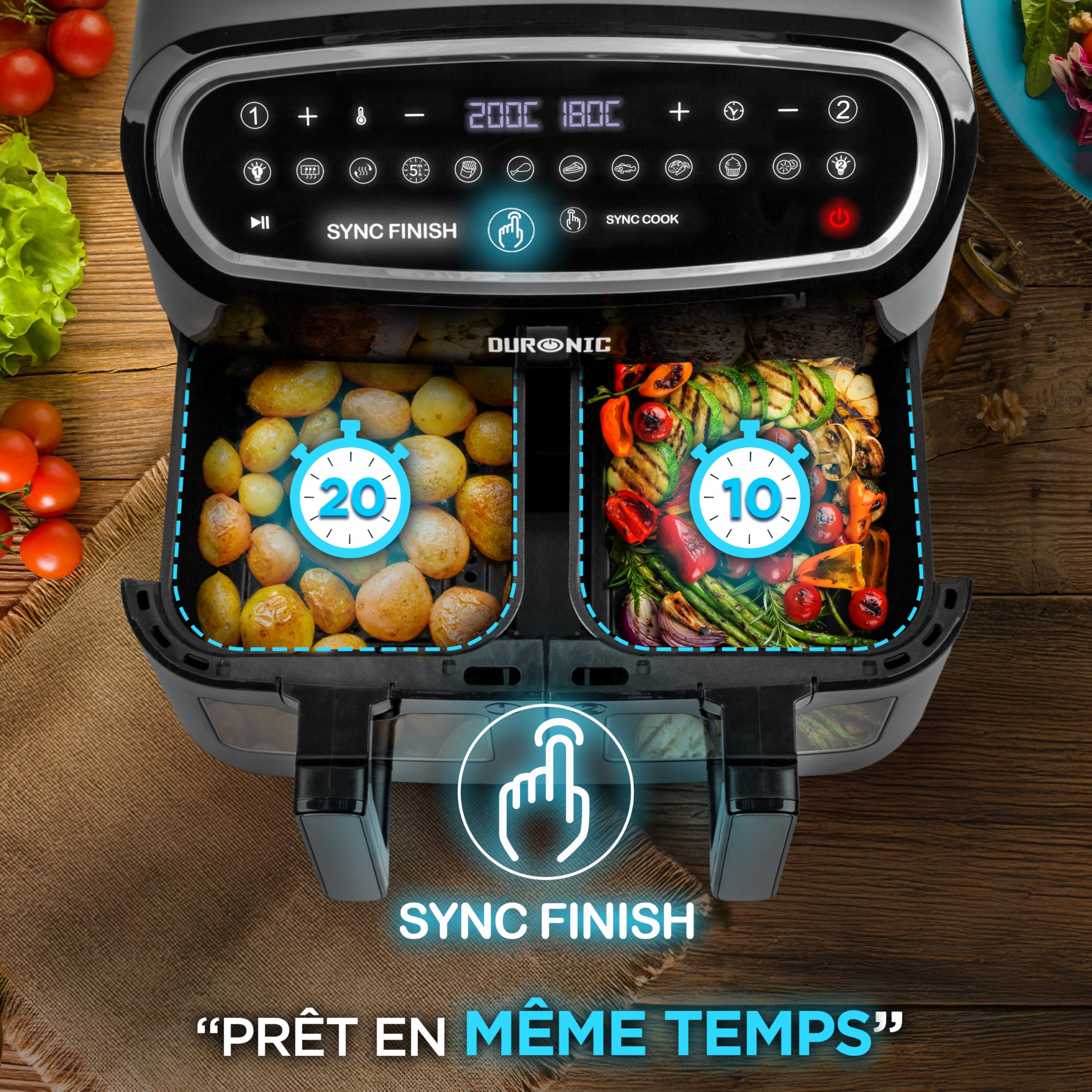 Duronic AF34 BK Set Friteuse à Air avec 1 grand tiroir de 10L et 2 petits tiroirs de 5L inclus | 10 Programmes de Cuisson Préréglés | Sans huile | Fonctions Sync Cook Sync Finish | Cuisson saine sans huile 10 programmes préréglés 1 grand tiroir de 10 litr