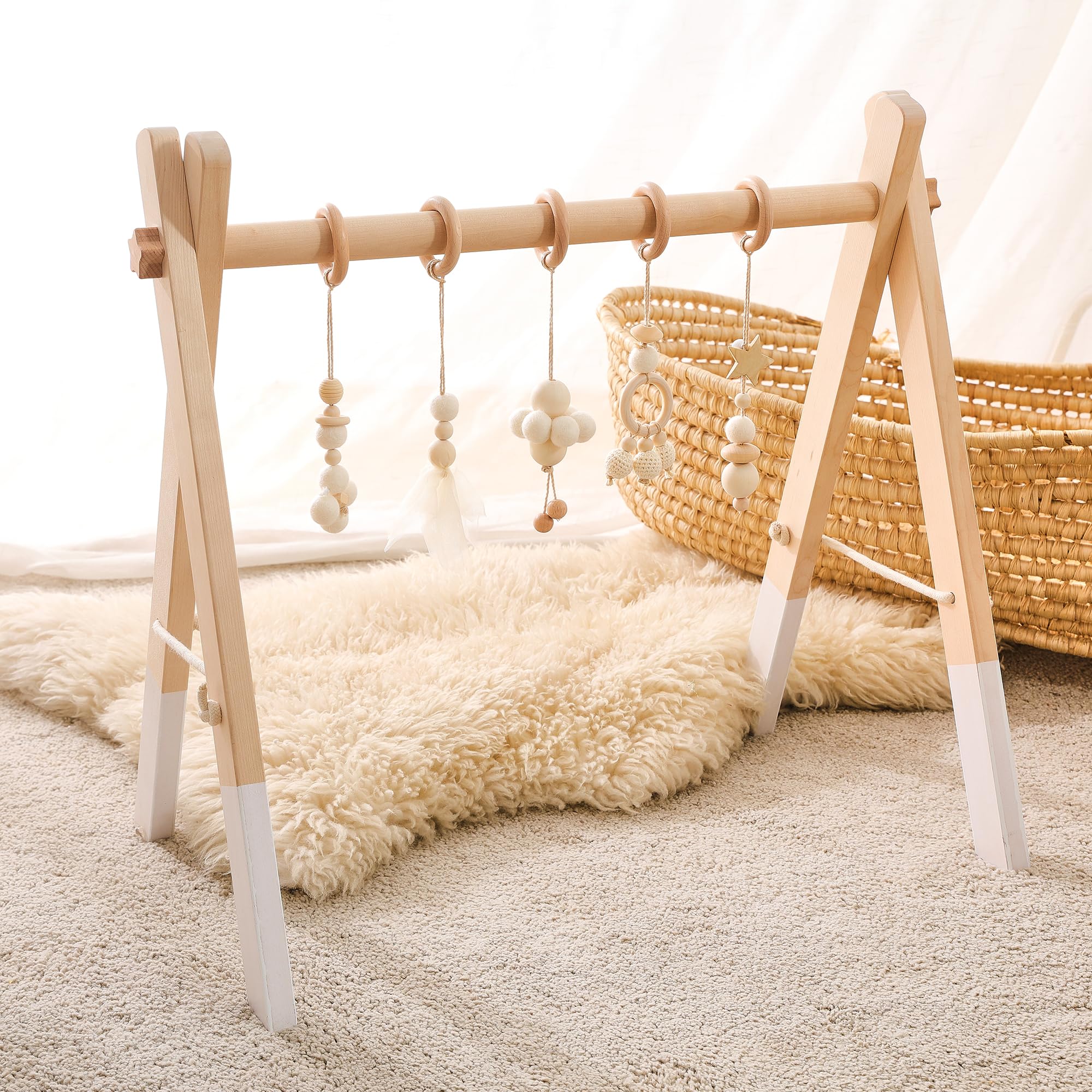 Promise Babe Spielbogen Baby Holz für Babies Baby Gym Holz Spielbogen Wickeltisch Neugeborenen Spielzeug Activity Spielebogen Babies Weiß Baumwolle Design