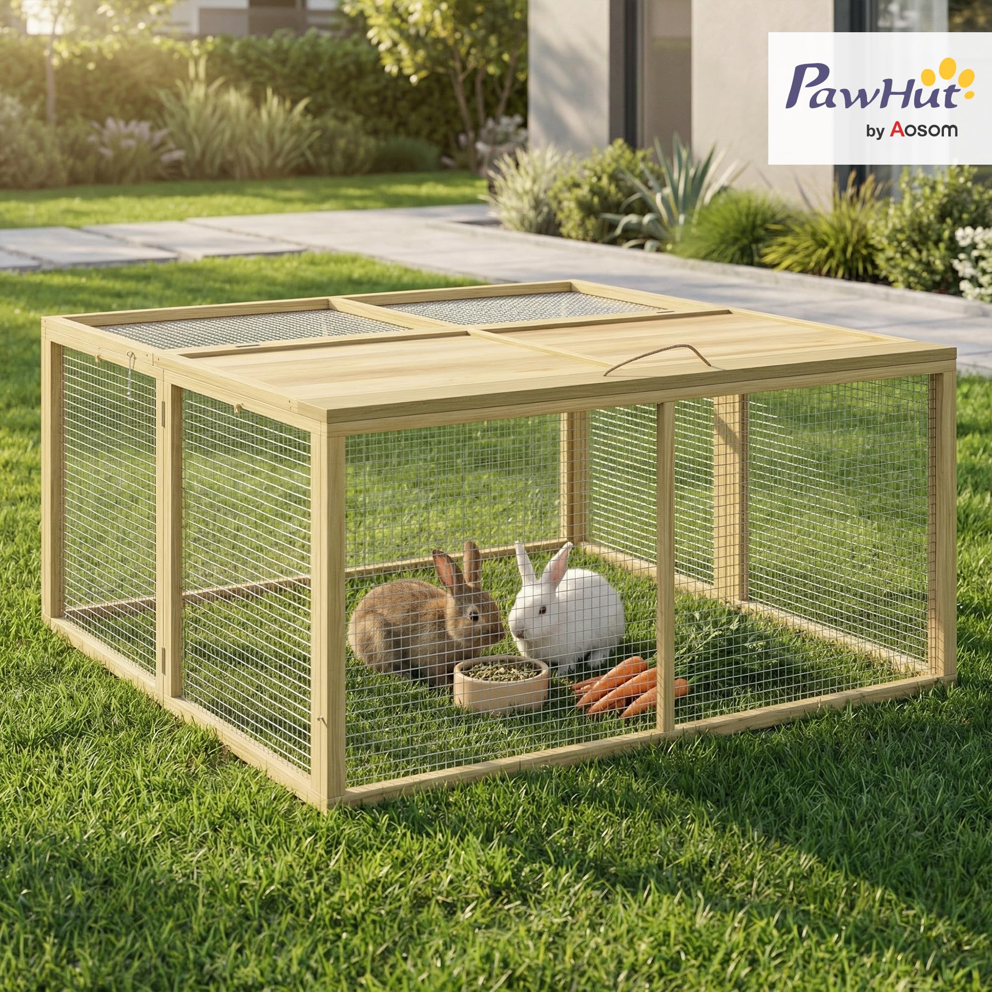 PawHut Enclos Lapin Extérieur Pliable avec Toit Ouvrant Total - Cage Lapin Intérieur Bois Robuste avec Poignée et Sol sans Fond - Parc Lapin 1,44㎡ pour 2-3 Cochons d'Inde 120x120x57cm, Naturel