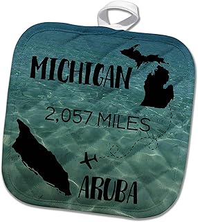 8x8 Potholder - Flight Distance from Michigan to Aruba on Caribbean Sea Background. Stamp City - Typography